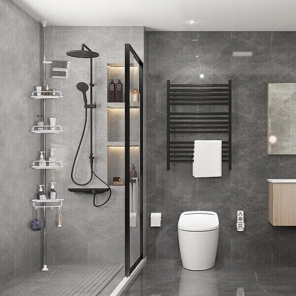 Cesto Portatutto Sospeso Per Rubinetto Doccia – Grigio – Organizer Bagno In Alluminio 38x28x12 Cm