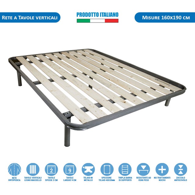 Rete ortopedica matrimoniale 160x190 cm a doghe Verticali, rete a tavole in legno massello con 5 Piedi, telaio metallo e Triplo supporto - Comprarredo