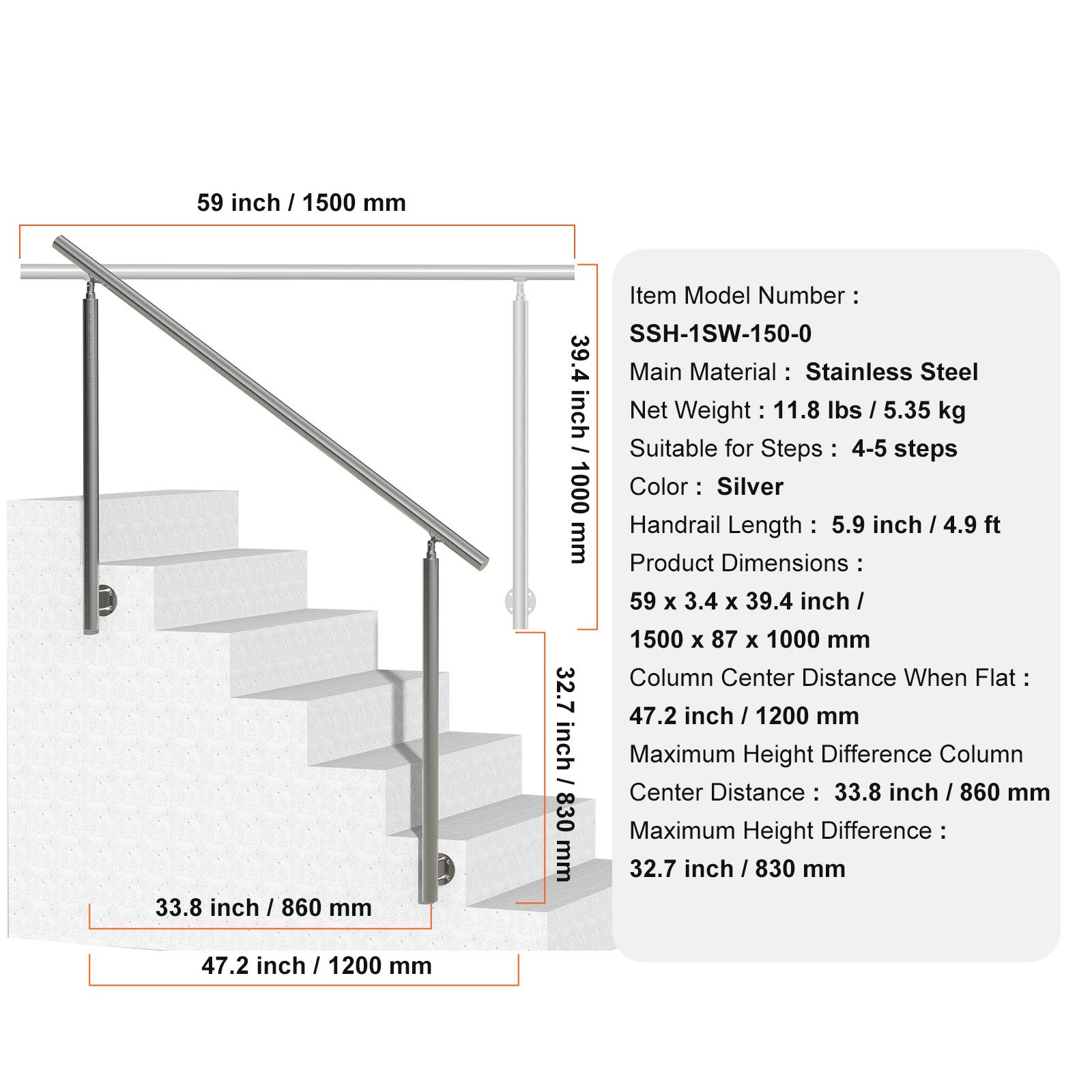 Rambardes extérieures 150 cm,SucceBuy rampes inox,installation incluse,design double colonne pour seniors. - 9