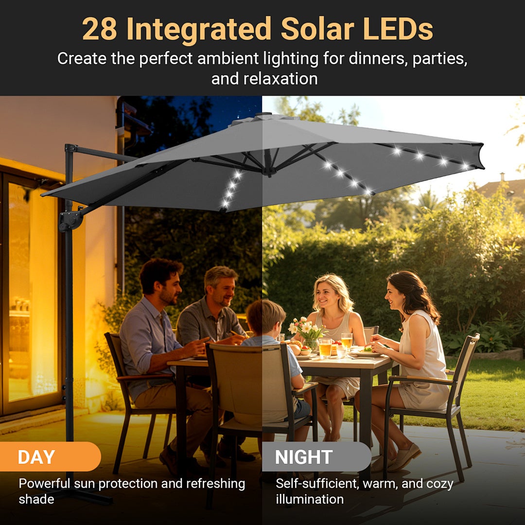 Parasol déporté gris 300 cm avec 28 LED solaires, rotation complète, inclinaison réglable, toile anti-UV UV50+ - 6