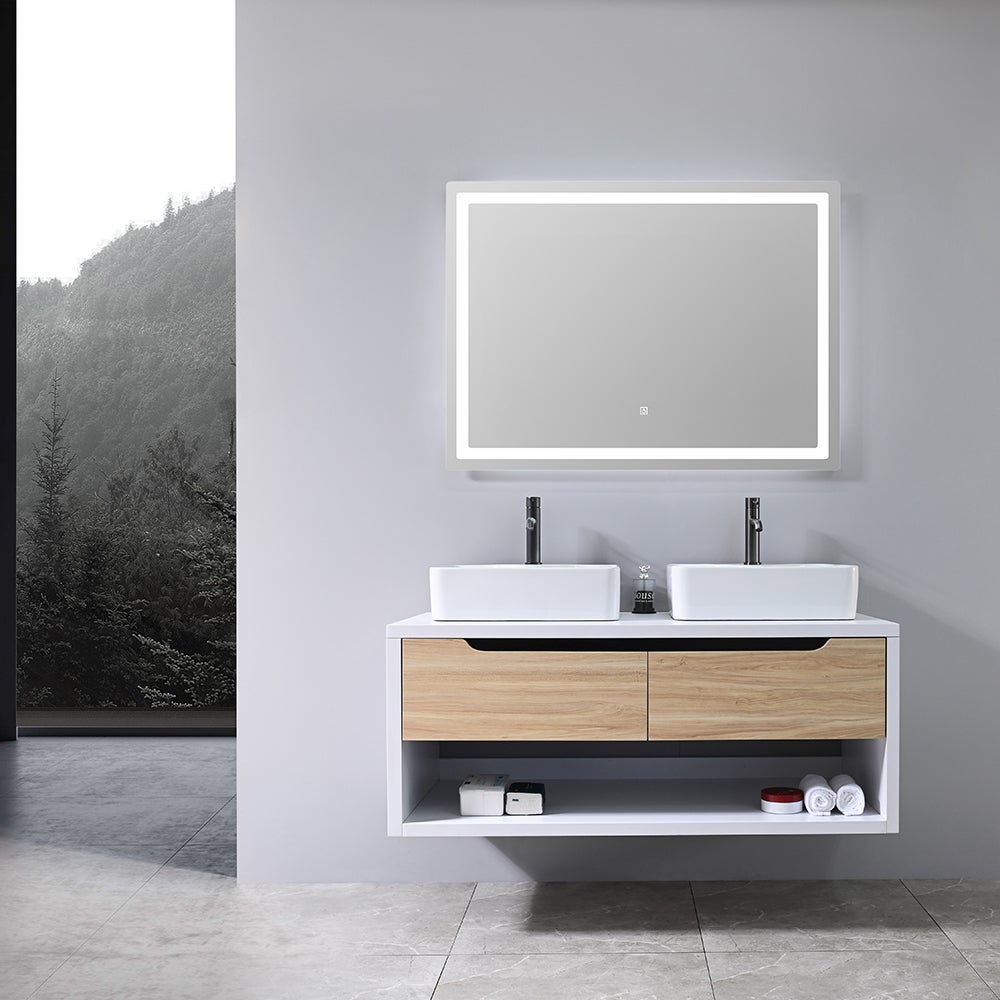 LuxuryBain- Meuble de salle de bain double vasque 120cm bois et blanc avec miroir LED LB-8153-120 - 2