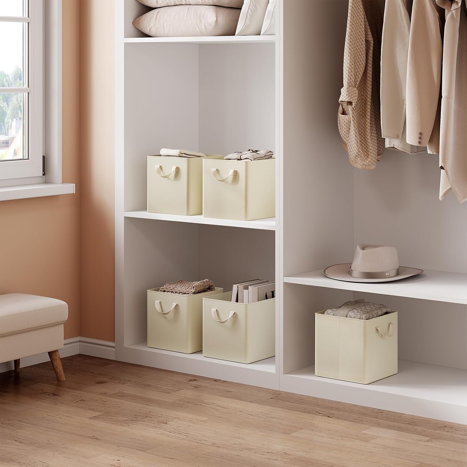 Lot de 3 Cubes de Rangement WOLTU, 26x26x26,5 cm, Boîte Rangement Pliable, avec Poignée, Cadre en Métal, en Tissu, Crème - 2