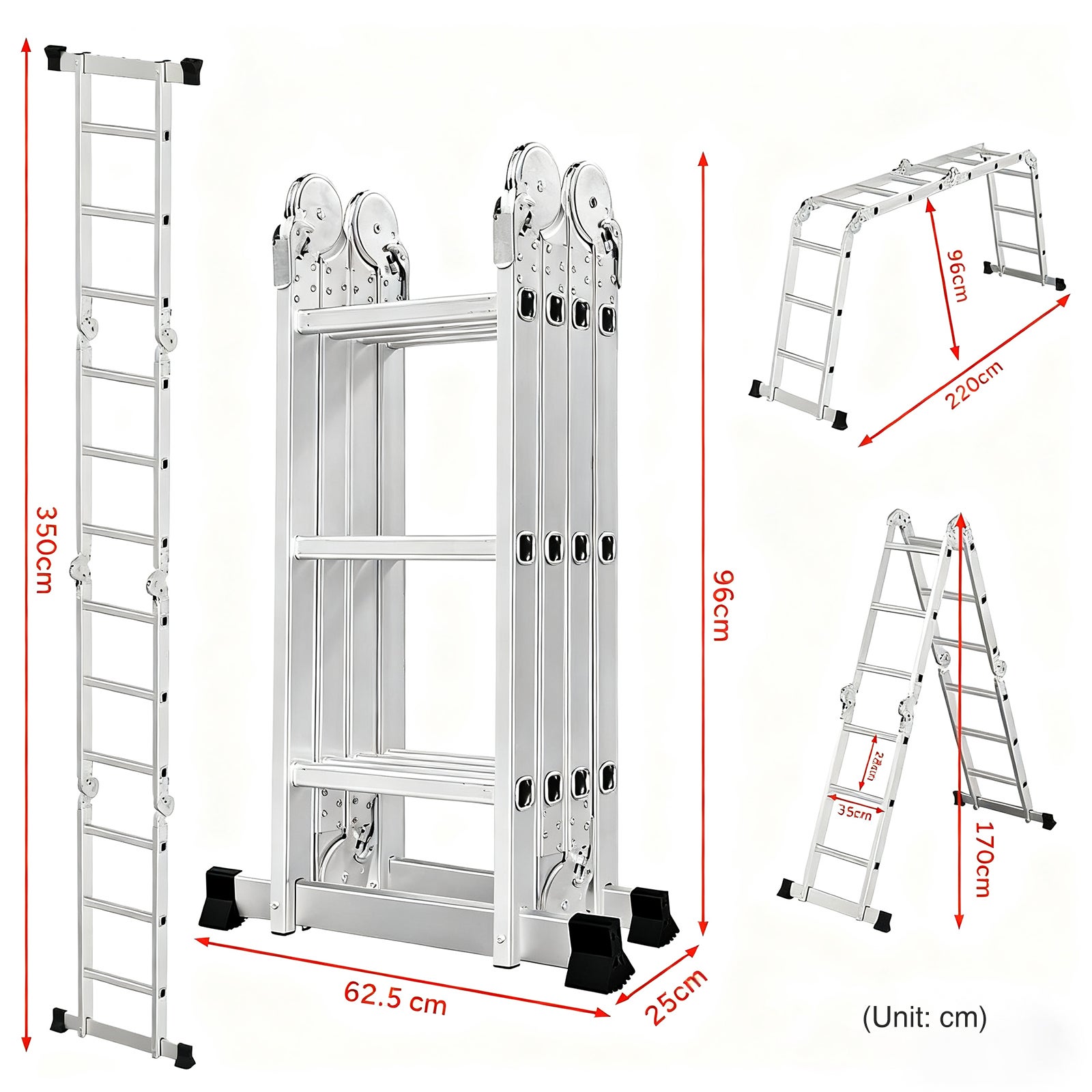Échelle multifonctionnelle OUTIGO, 7 en 1, pliable, en aluminium, avec 2 roues, charge maximale 150 kg, 12 marches. - 6