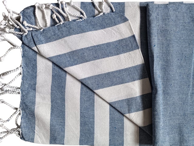 Serviette de plage, fouta, rayée avec frange 90x180cm, marine, Dylrev