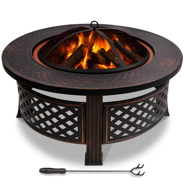 Brasero extérieur Ø81cm - métal - avec grille pare-etincelles tisonnier et couvercle - noir - VOUNOT®