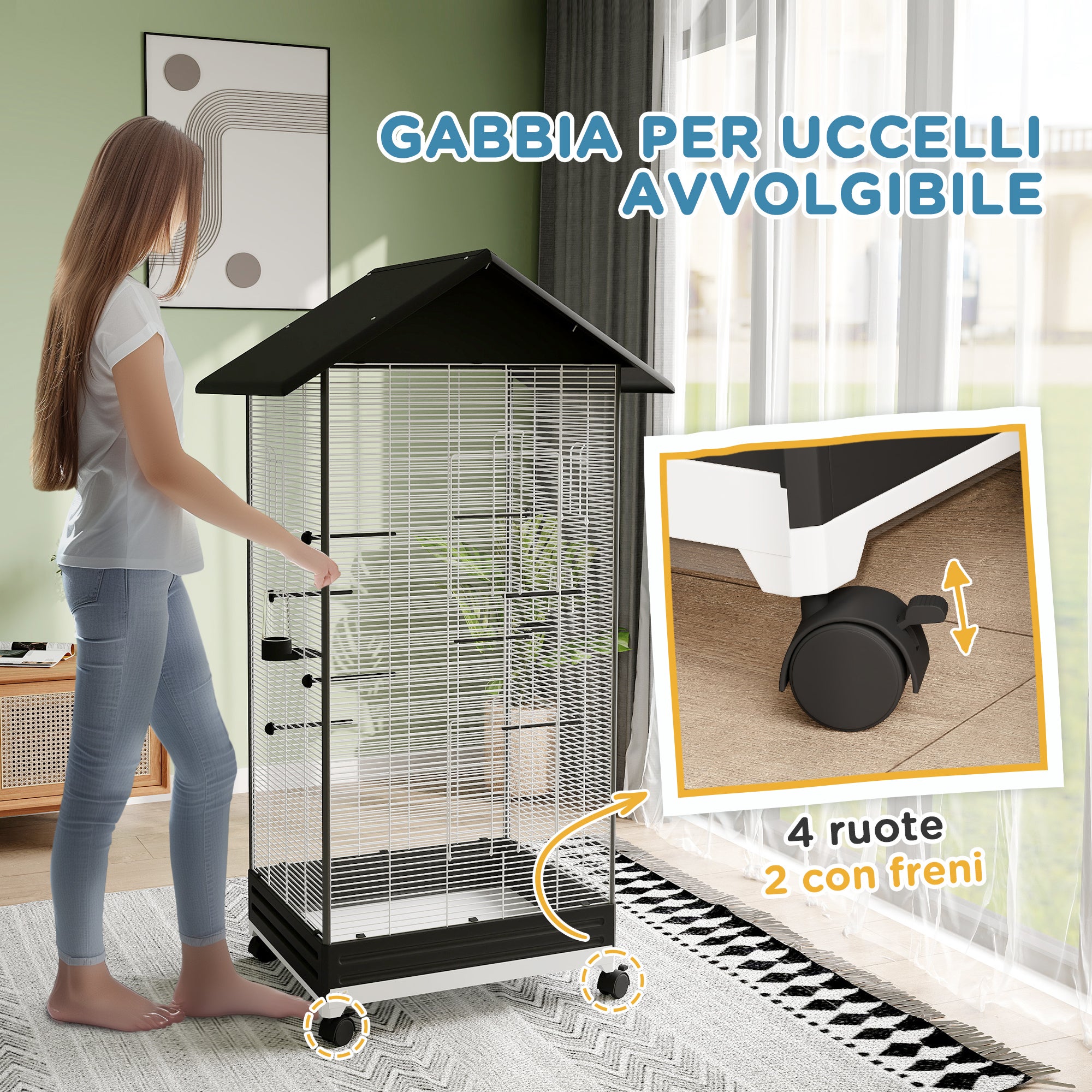 PawHut Gabbia per Uccelli con Ruote e Vassoio Estraibile, Voliera Alta 155 cm con Posatoi e Mangiatoie, Nero - 7