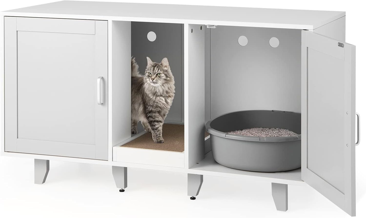 3 en 1 Maison de Toilette pour Chat, Meuble pour Chat à 2 Portes avec