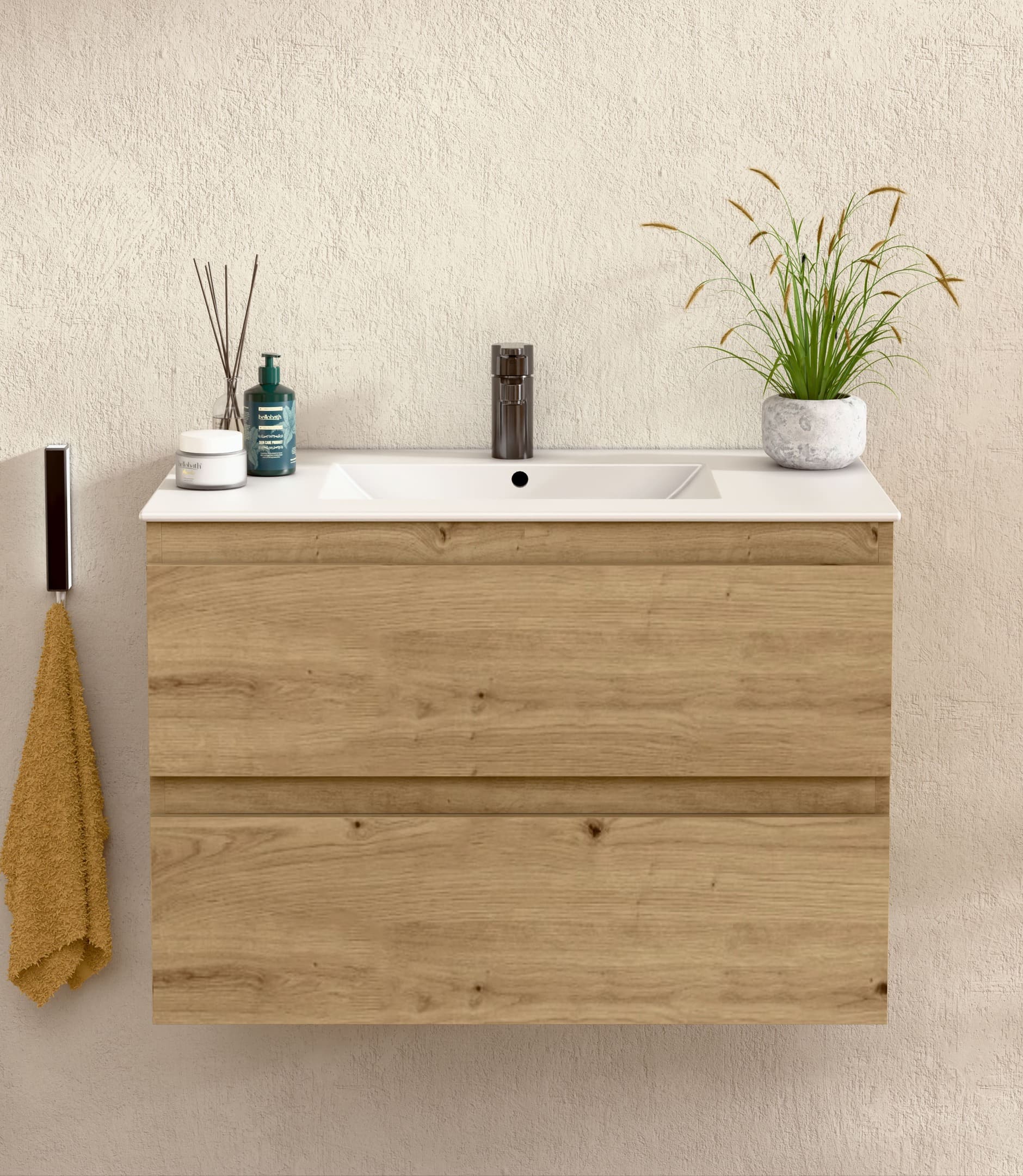 BELLOBATH - Meuble Salle de Bain avec Plan Vasque en Céramique, Meuble Monté avec 2 Tiroirs, 100 x 55 x 46 cm, Meuble Chêne - 2