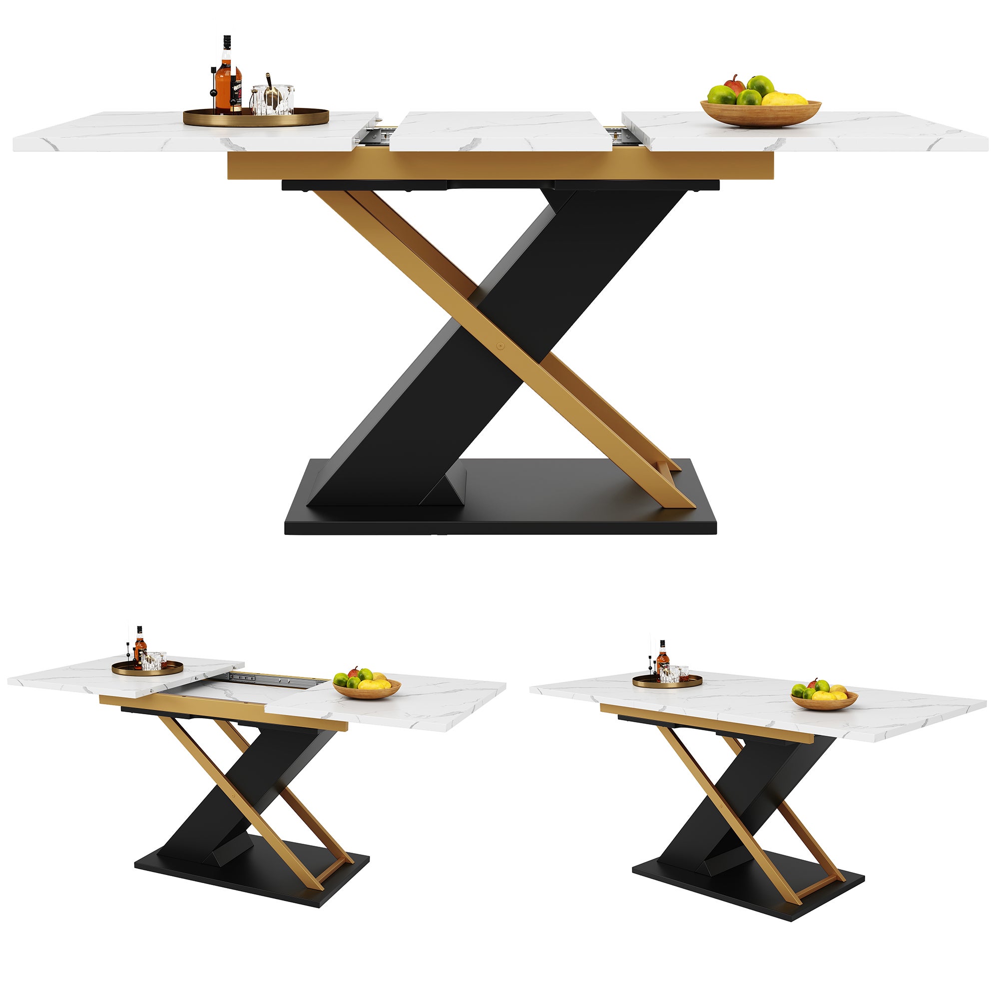 Table à manger extensible 4 à 6 couverts - 120/160 x 80 x 75.4 cm - MDF + Pieds en métal crosés - Blanc + noir - 5