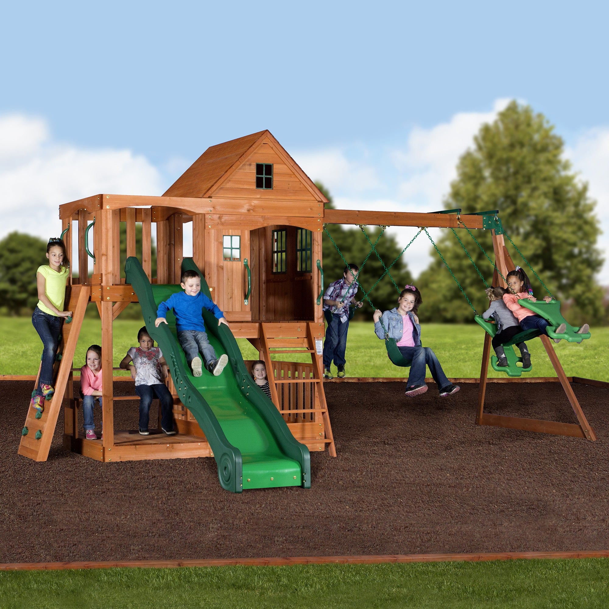 Habitat Et Jardin – Aire de jeux portique en métal avec toboggan et bac à sable – 5 agrès – Dimensions 317 x 260 x 248 cm – Pour enfants 3 à 12 ans – Vert