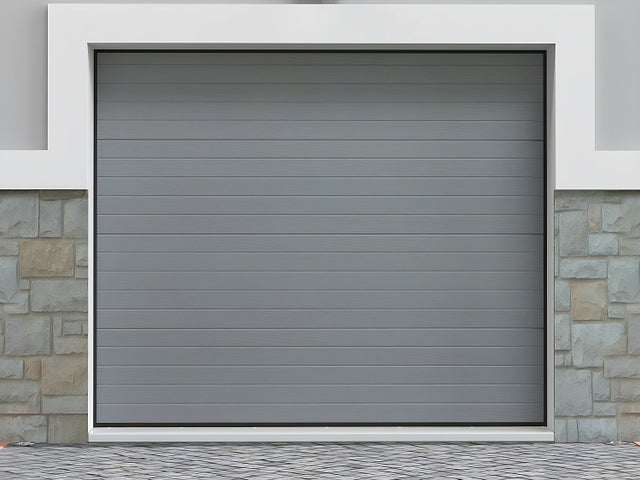 Porta de garagem seccionada efeito ranhurado cinza motorizado C254 x A218 cm - NORIA