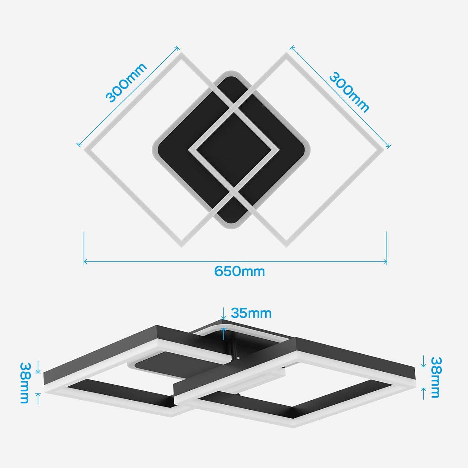 Plafonnier LED Anten, style moderne, pour salon et chambre, 40W, avec télécommande, intensité variable en continu 3000-6500K, noir - 8