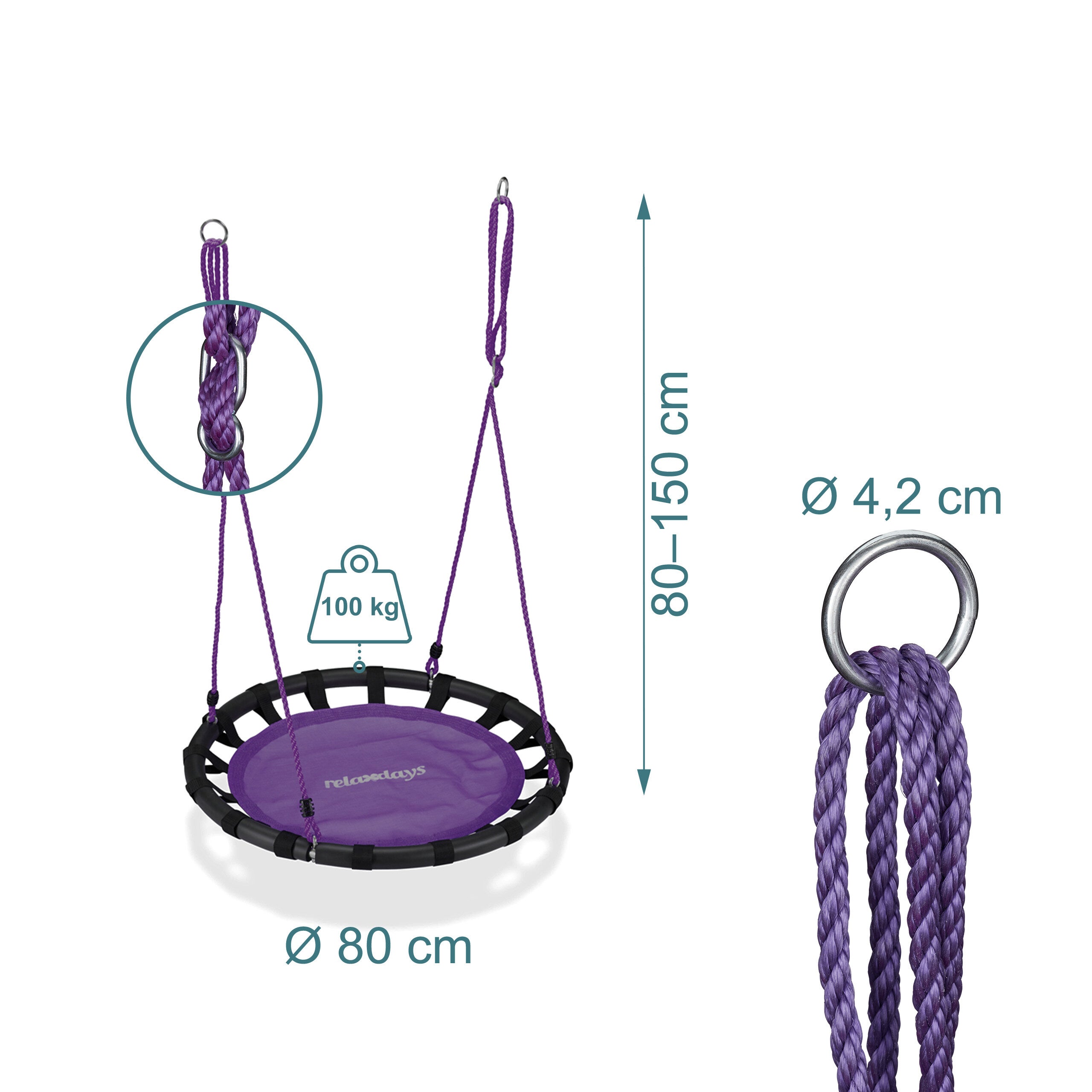 Balançoire nid d'oiseau rond 80 cm à suspendre panier enfant adulte jardin extérieur 100 kg, violet, Relaxdays - 4