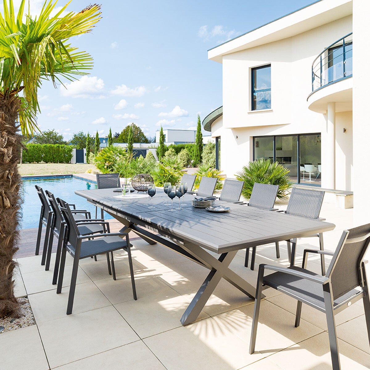 Table de jardin extensible rectangulaire en Aluminium Gris 12 places - 7