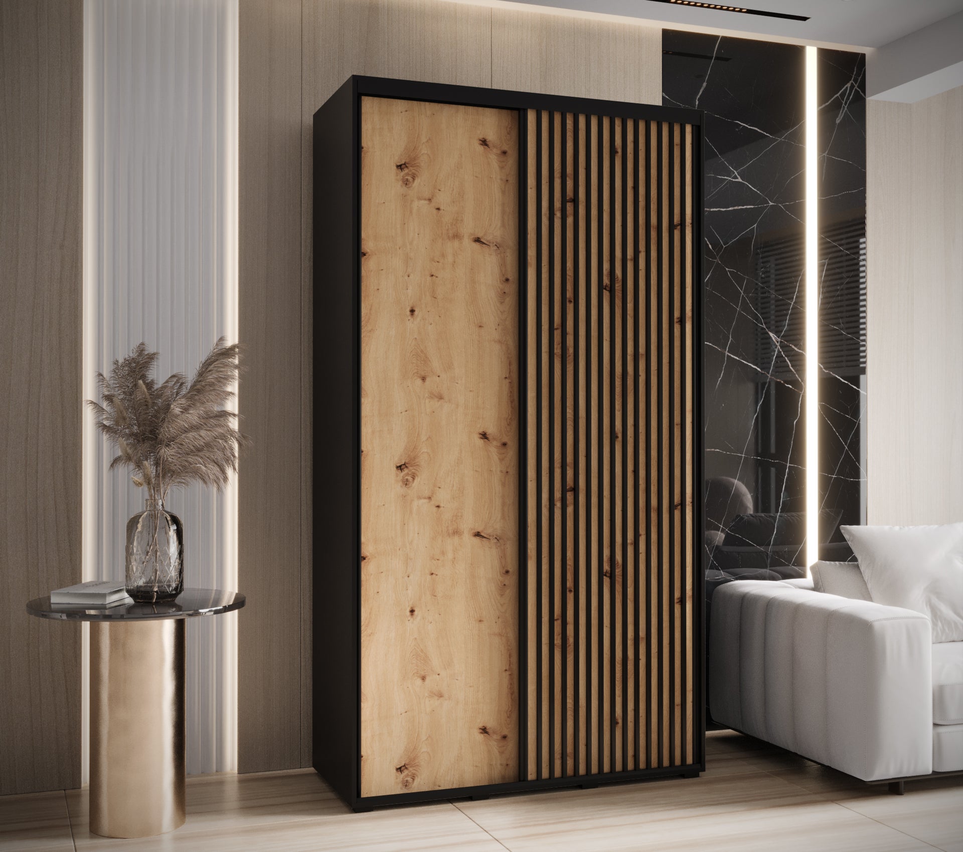 Szafa przesuwna wysoka Lanko 1 140 x 60 x 235,2 cm czarny + artisan + lamele czarny - Abiks Meble - 2