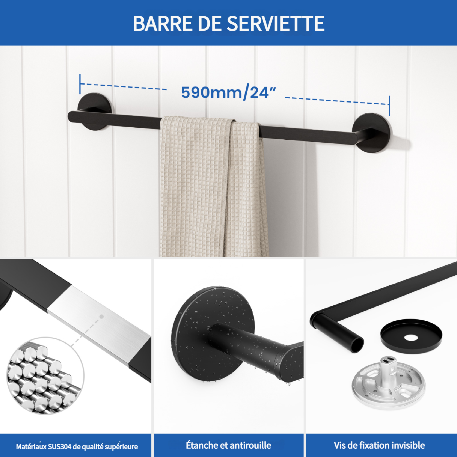 AURALUM MAX Porte-serviettes en acier inoxydable Noir Barre à serviettes 2-en-1 Système d'installation - 2