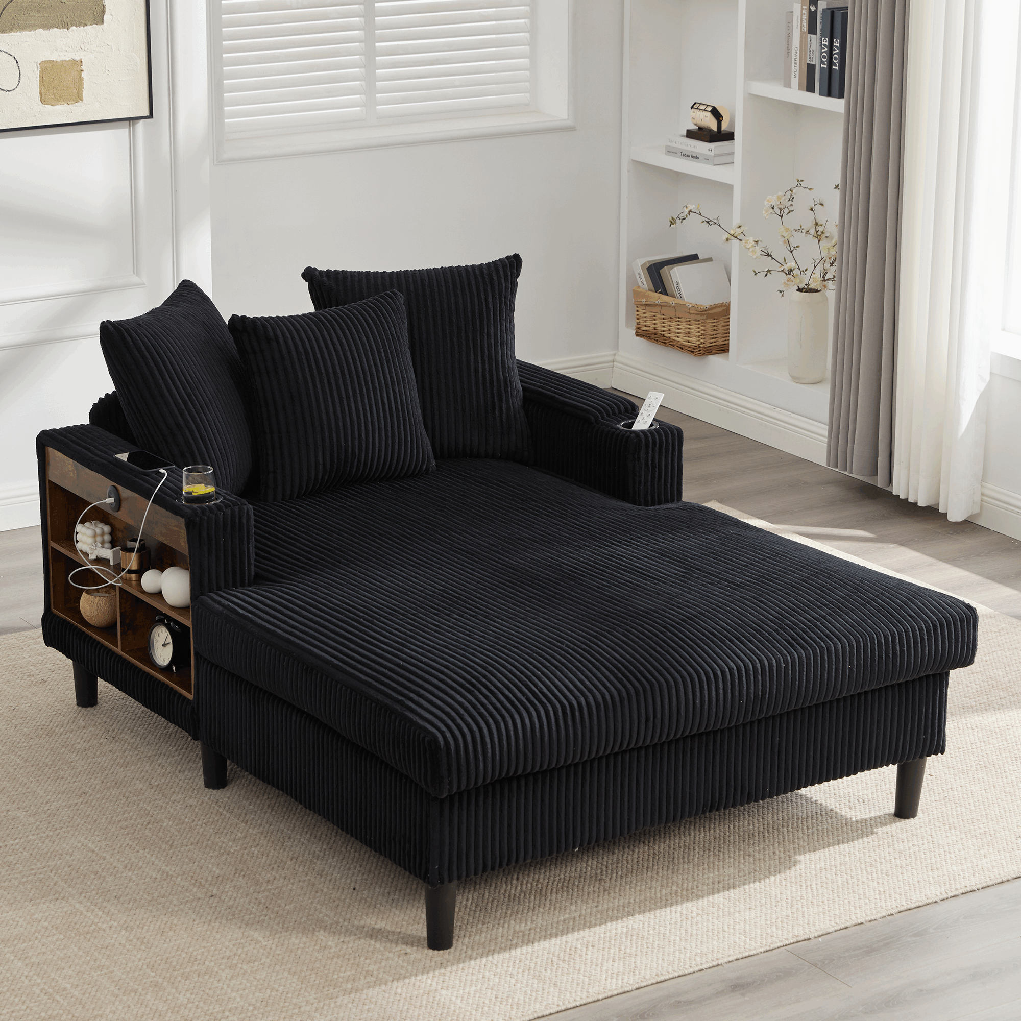 Canapé longue multifonction en velours côtelé avec LED port USB porte-gobelets, rangement, poche latérale 3 coussins salon maison - 3