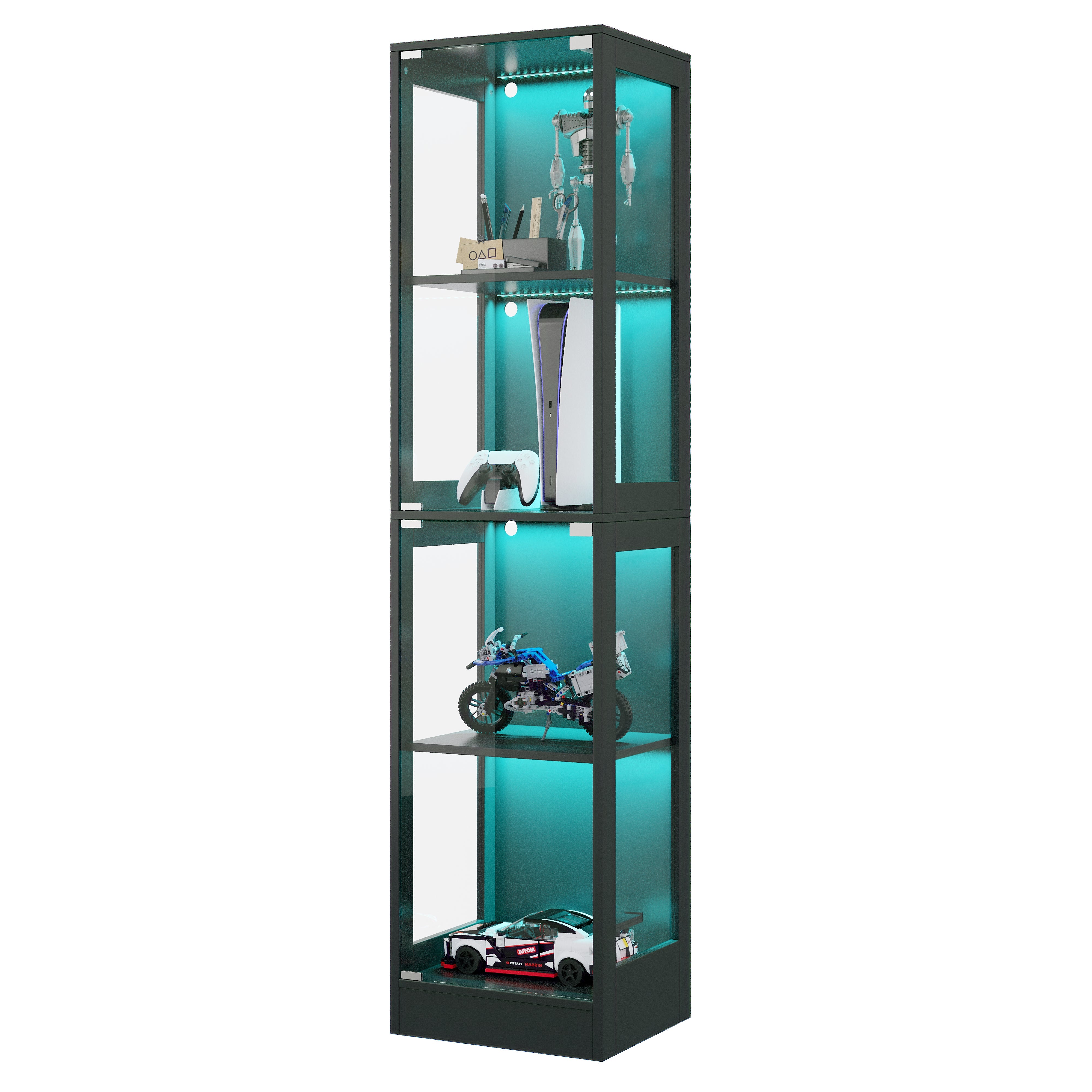 Vitrine en verre 40x35x170cm - Quatre niveaux de rangement - Éclairage LED contrôlable par App - 2 portes - MDF - Noir - 7