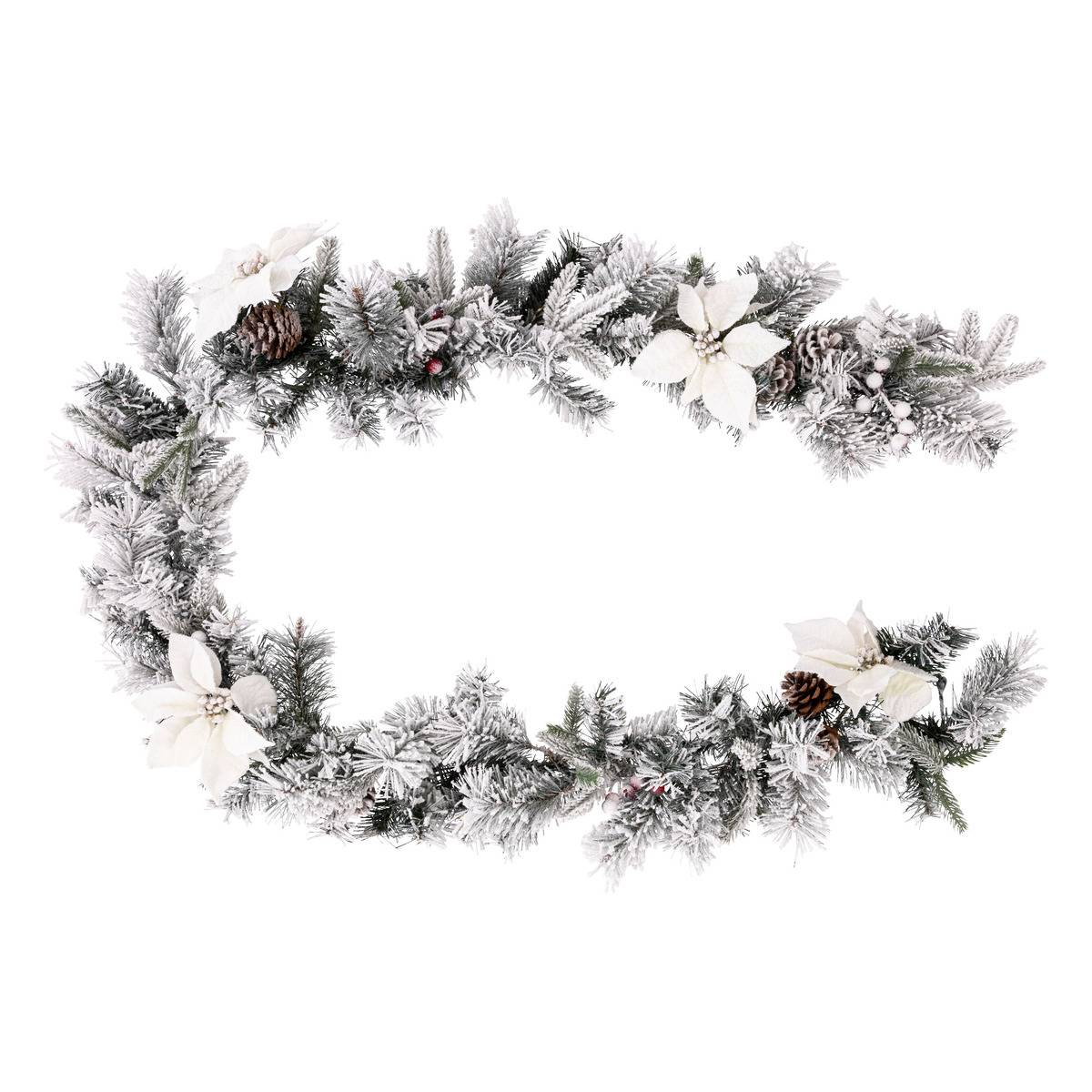 Guirlande De Noël Floquée 1,8 M - Avec Baies Rouges Et Pommes De Pin - Décoration Enneigée Pour Cheminée, Escalier, Porte - 14