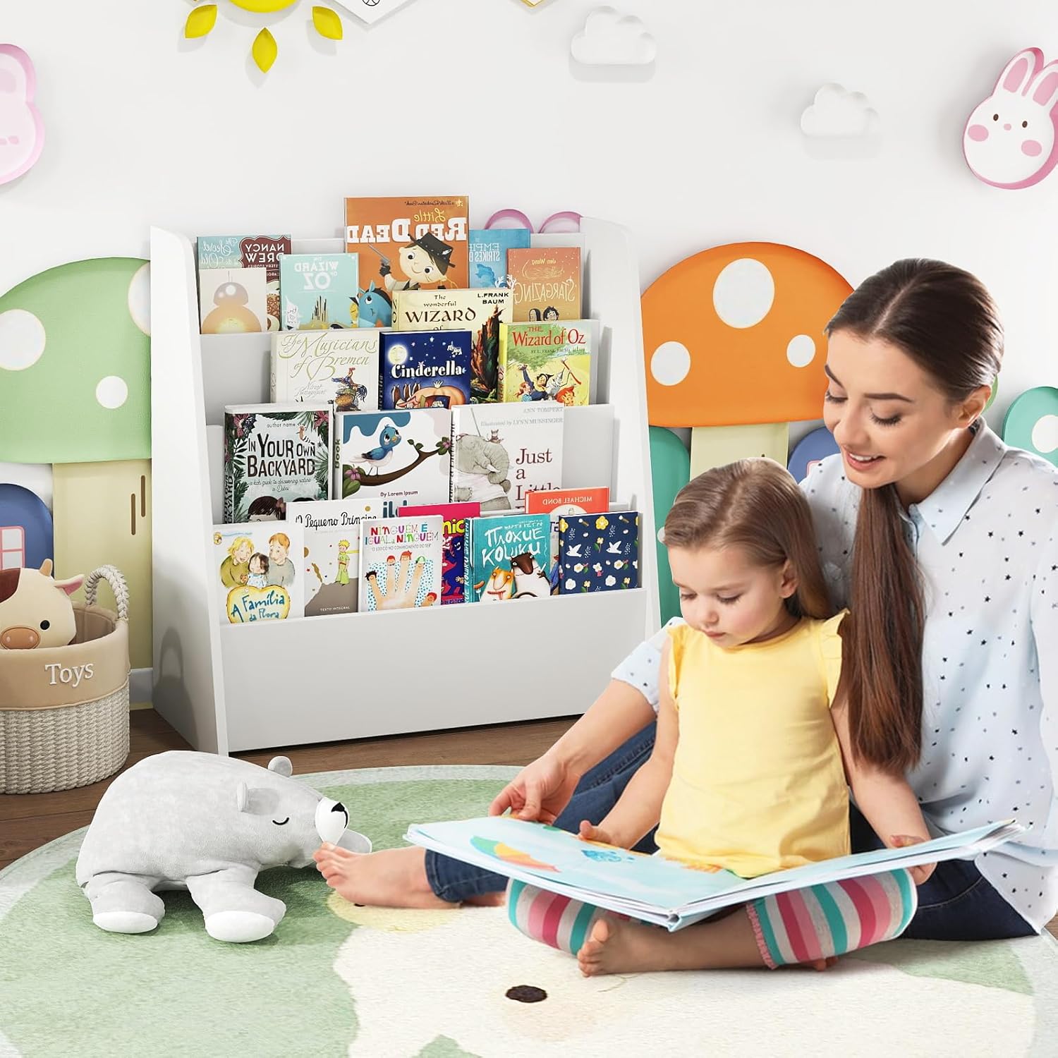 Estante infantil em madeira com 4 níveis, estante com compartimentos abertos, expositor Estante para Quarto Infantil (Branco) - 8