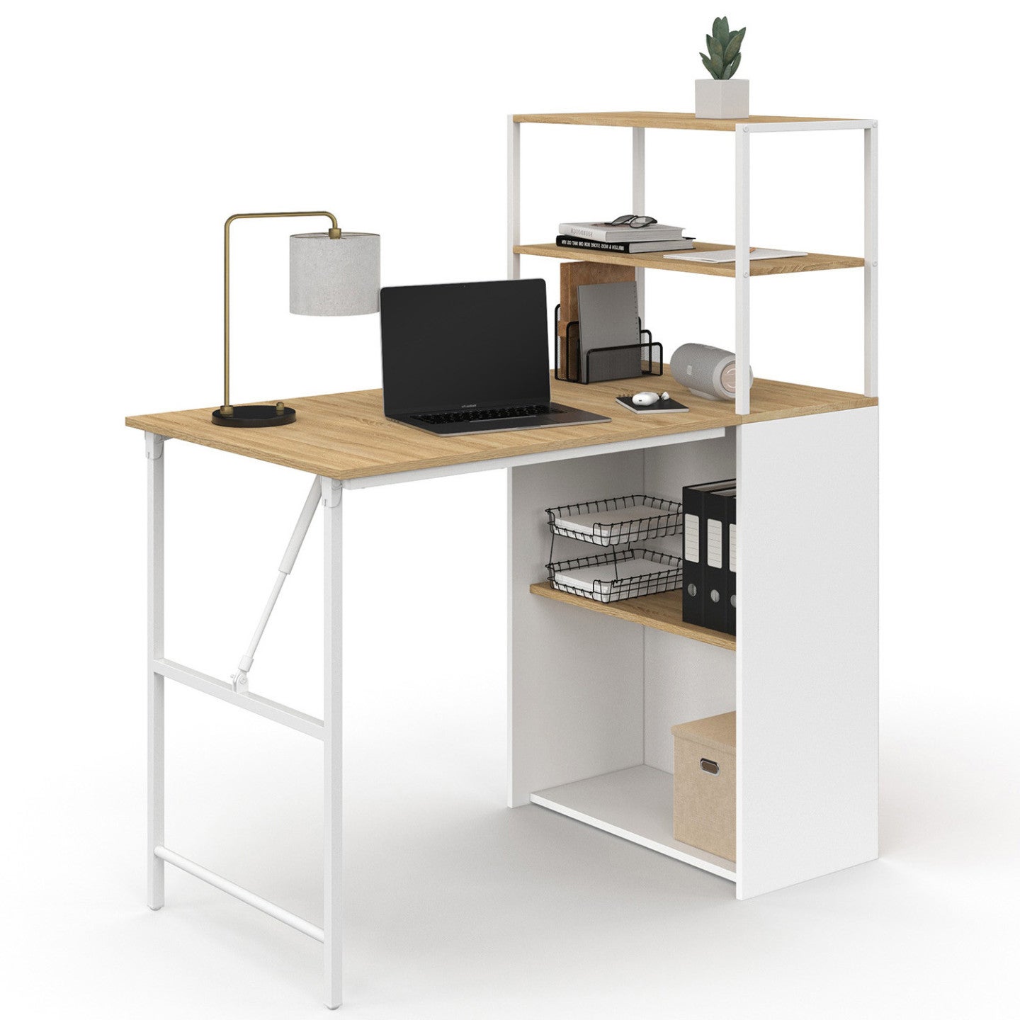 Bureau bibliothèque pliable RAY plateau rabattable bois façon hêtre et blanc - 3