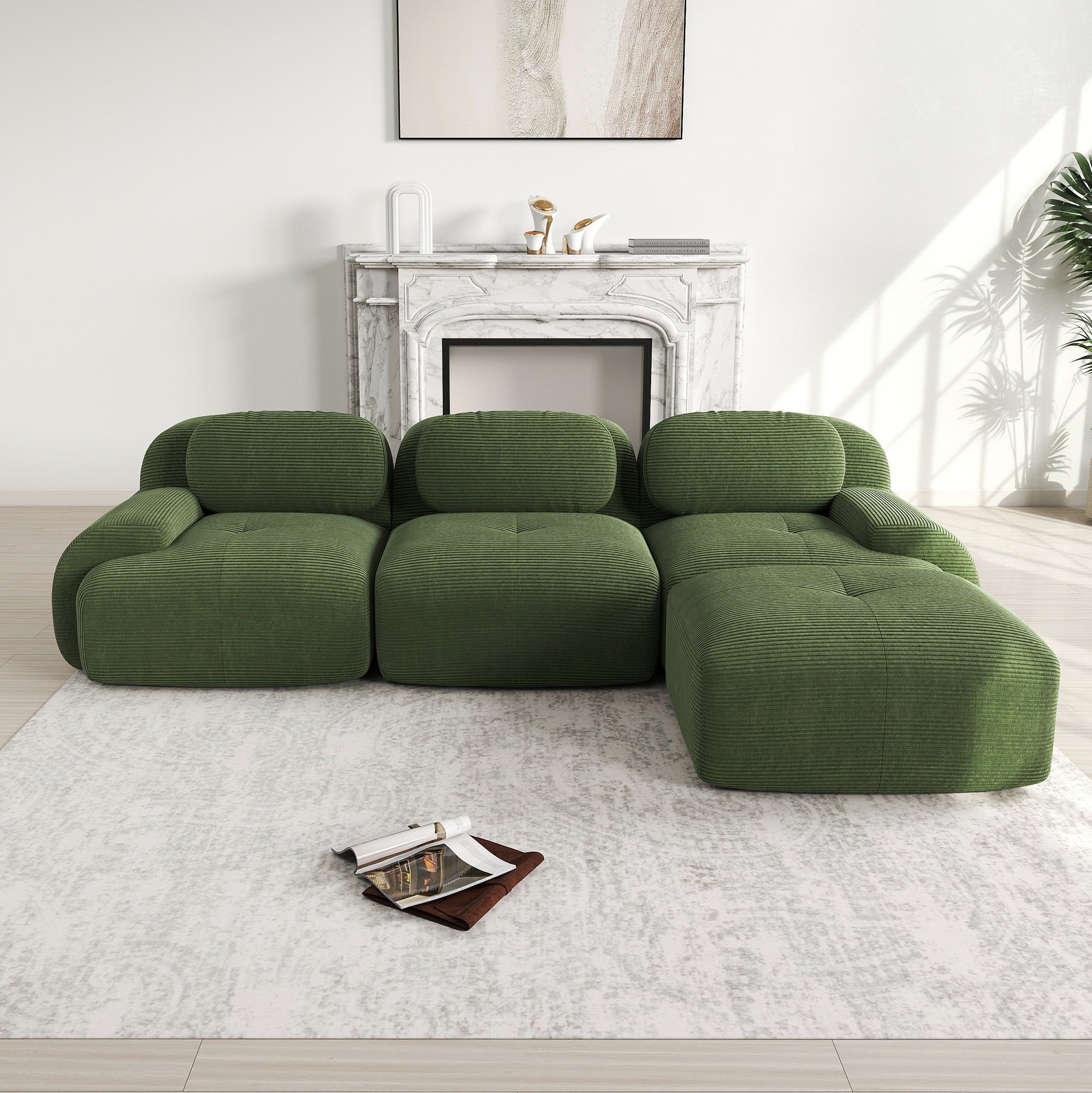Canapé d'angle modulable 3 places sans montage, sans cadre, en tissu côtelé vert, ergonomique, 298 × 178 × 70 cm - 2