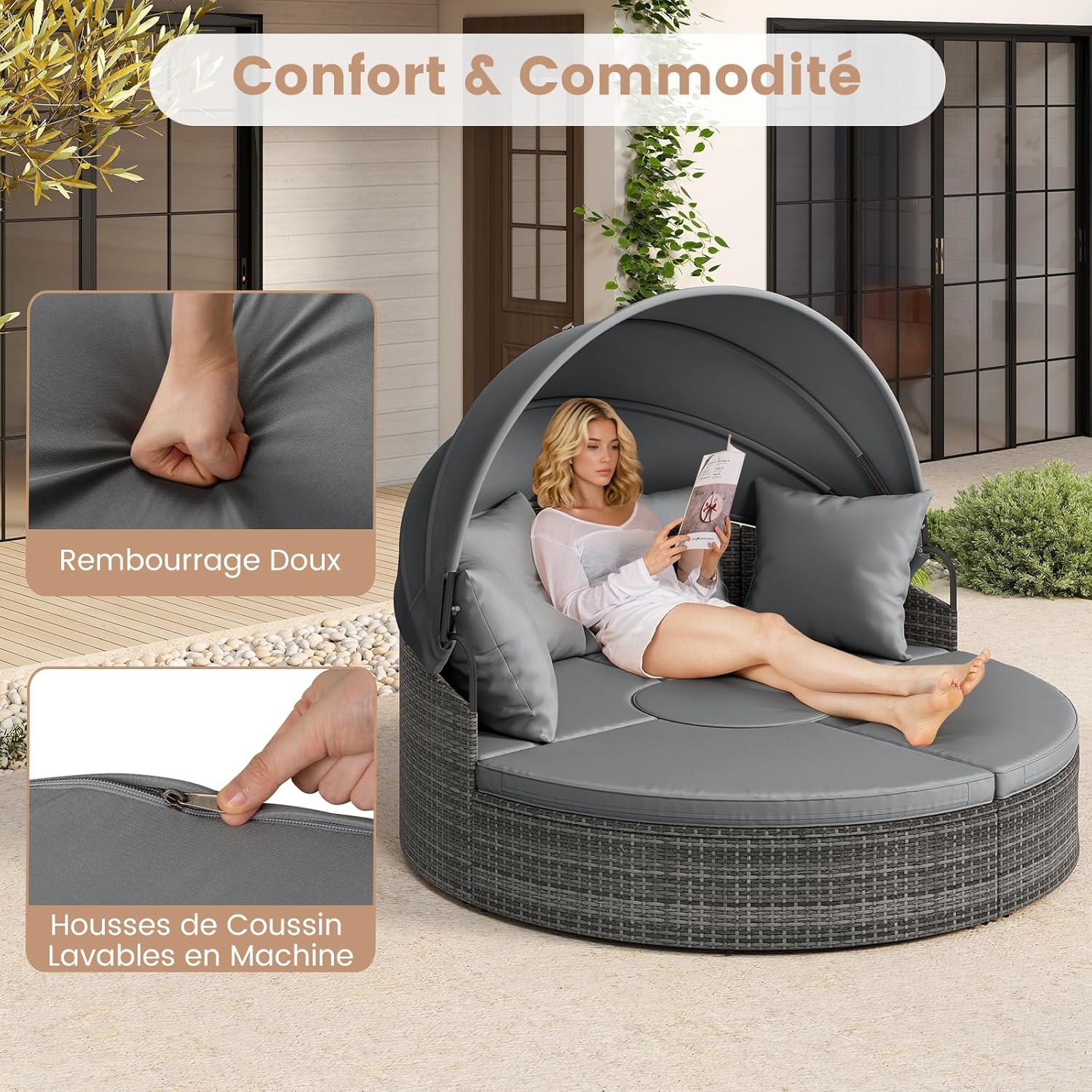 Lit Rond d'Extérieur avec Auvent Rétractable, Canapé d'Extérieur en Sections en Rotin PE avec Coussins, pour Jardin, Piscine, Gris - 4