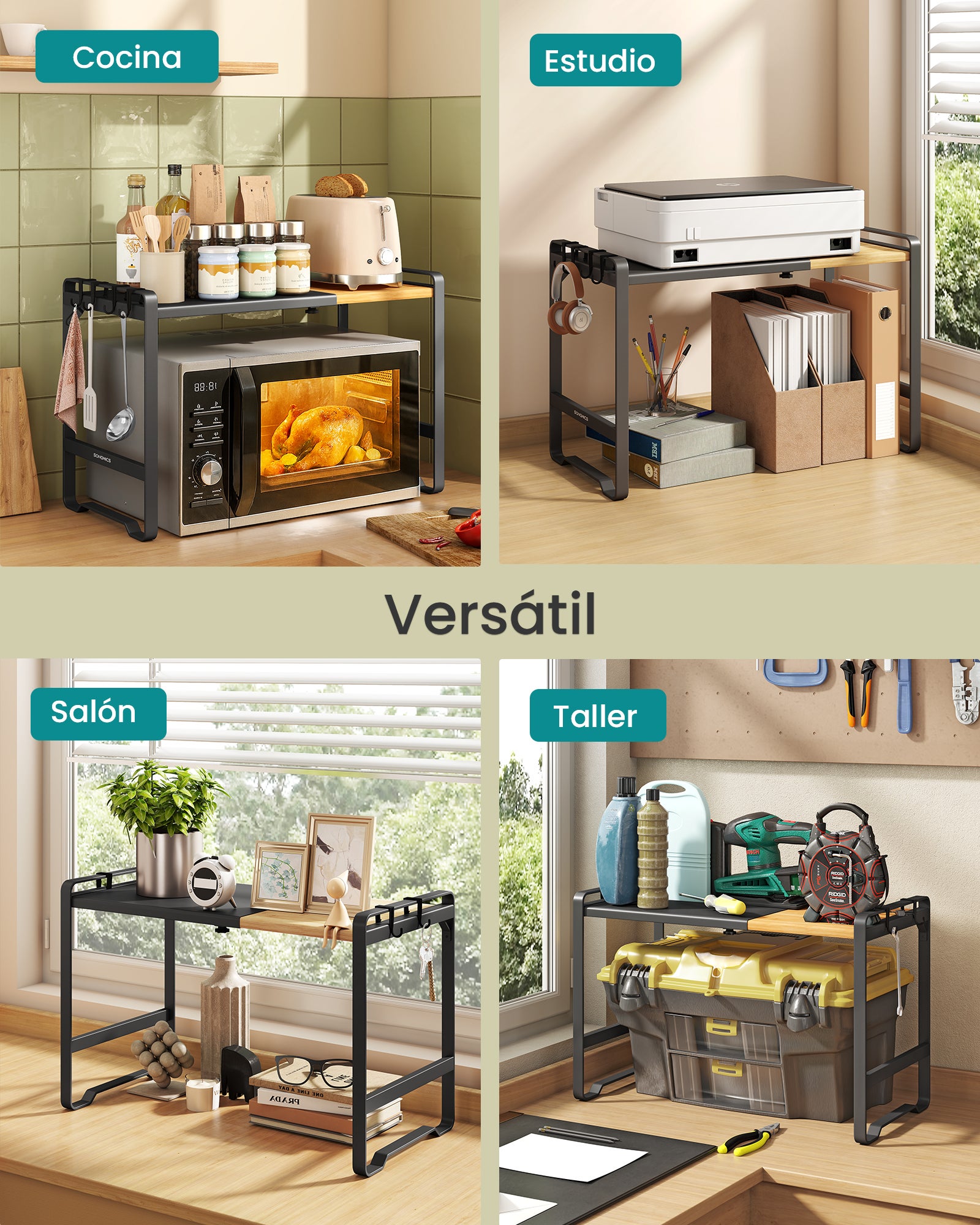 Estante Expandible para Microondas, Soporte para Microondas, Anchura Ajustable 41,5-64 cm, para Cocina, 4 Ganchos, Negro - 5
