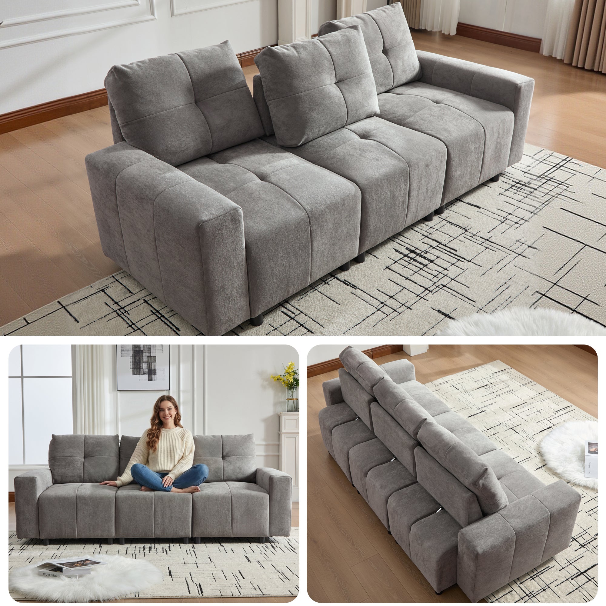 Sofa 3-osobowa w tkaninie szenilowej z solidną drewnianą ramą i plastikowymi nogami - 213 x 94 x 84 cm - Regulowane oparcie - Szara