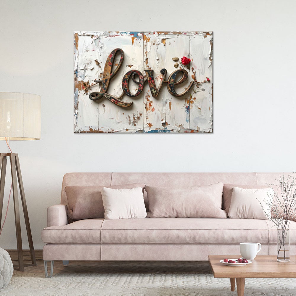 Obraz do salonu sypialni biura, Napis Love w stylu shabby chic 60x40 - 2