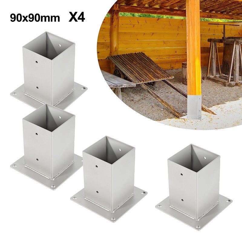 Kwadratowa stopa słupa ogrodowego, 4x drewniane słupy kwadratowe, wspornik słupa do ogrodzenia, wiaty i pergoli - 90 x 90 mm