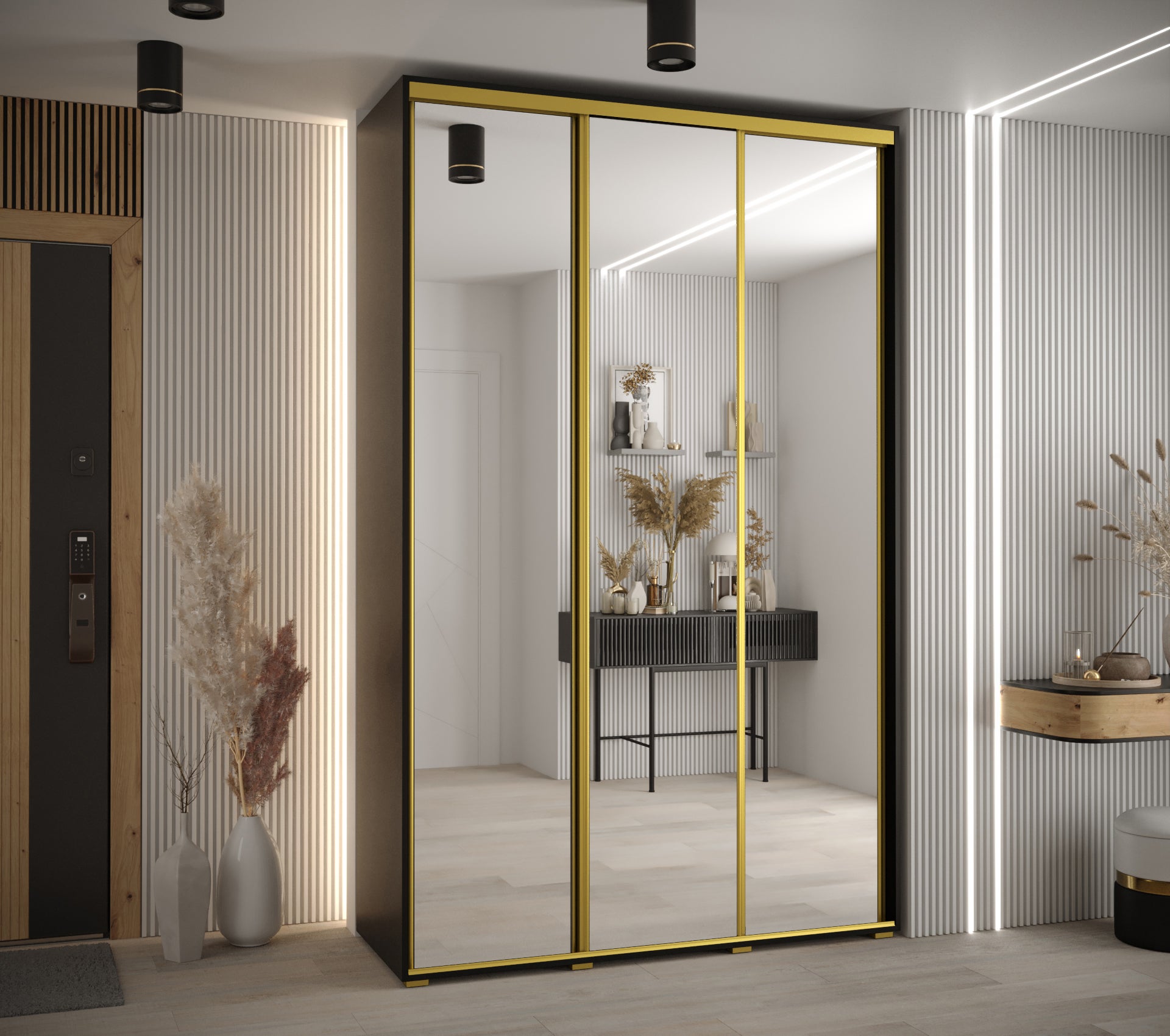 Szafa przesuwna z lustrem wysoka Davos 2 180 x 60 x 235,2 cm czarny + czarny + u. złoty - Abiks Meble - 2