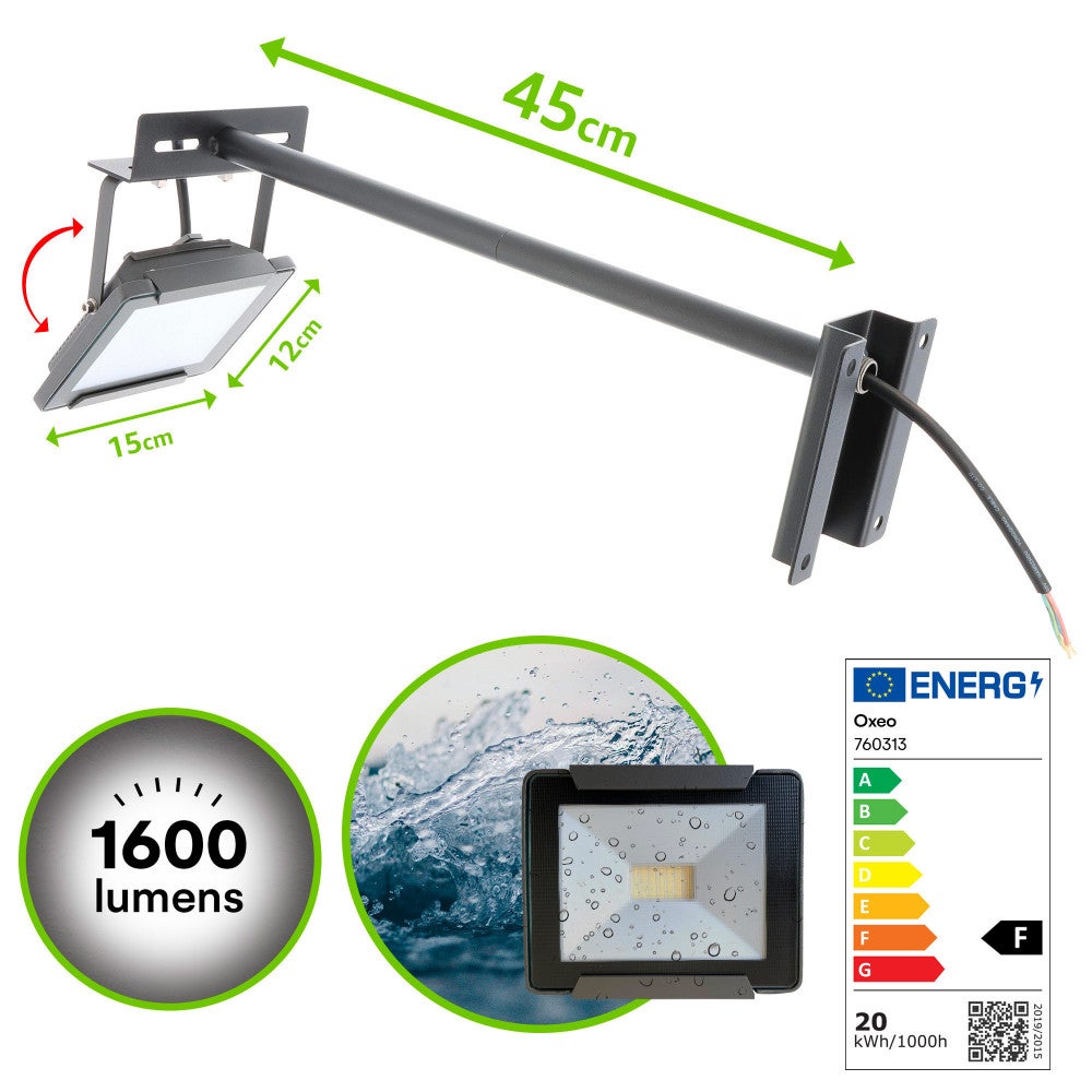 Eclairage enseigne - Projecteurs LED 20W extérieur pour Façades magasin - Support Inclinable - bras déporté - Noir - 2