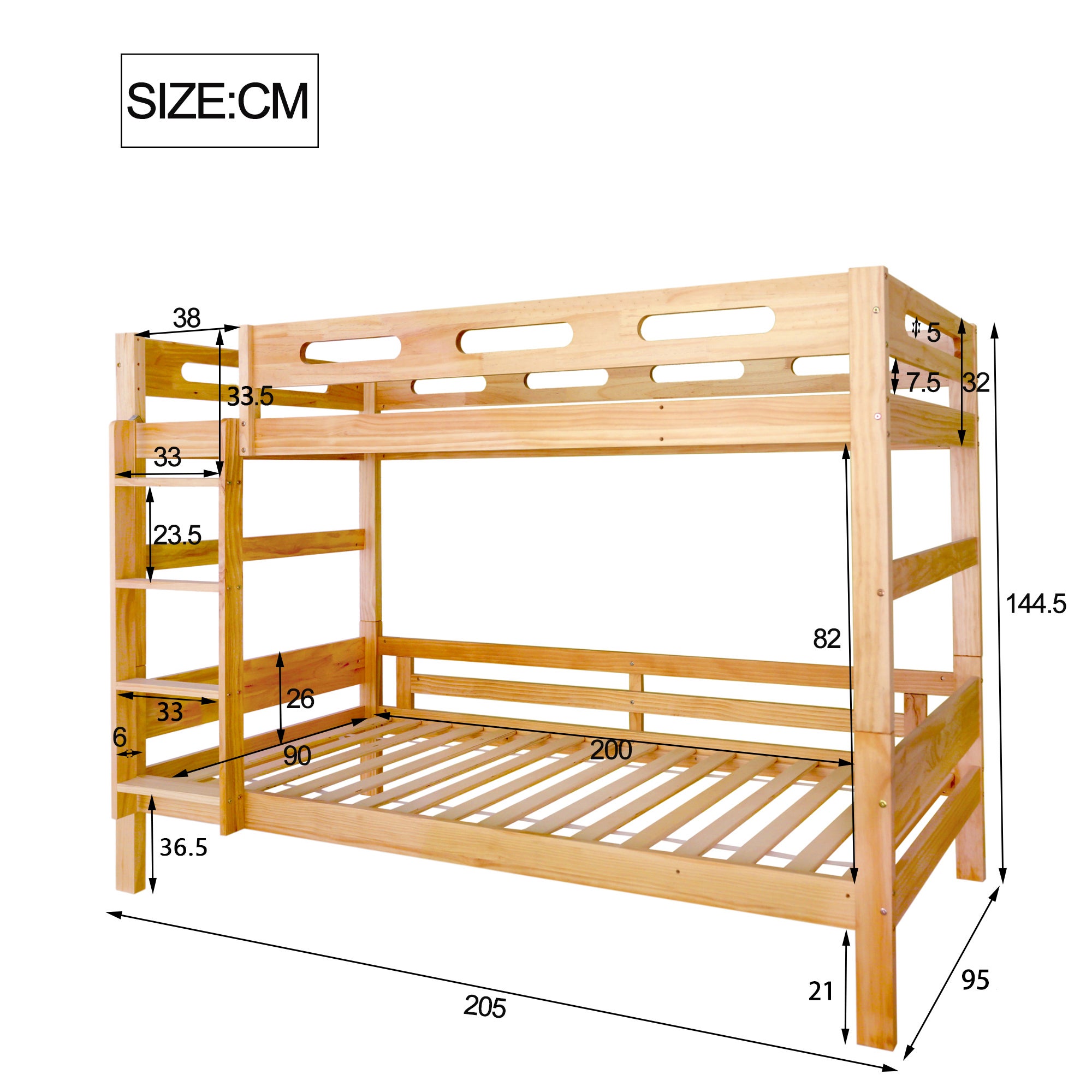 Lit superposé 90x200cm en pin massif - divisible en 2 lits simples - Naturel - 9