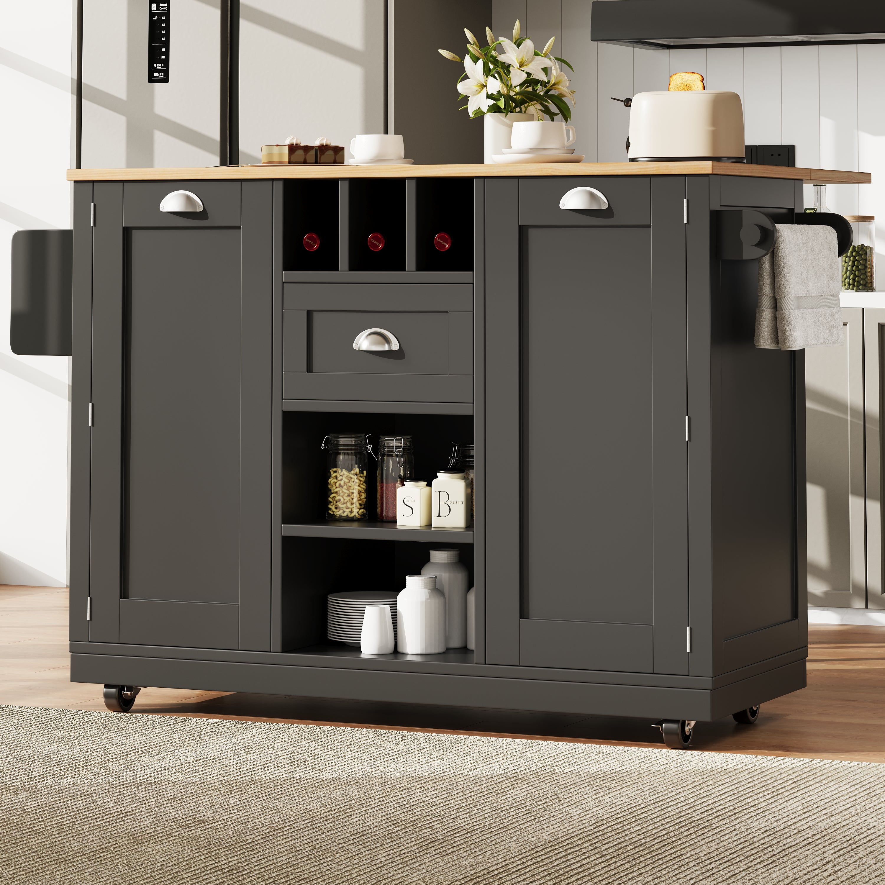 Isla de cocina con estante plegable y toallero, fabricada en MDF y ...