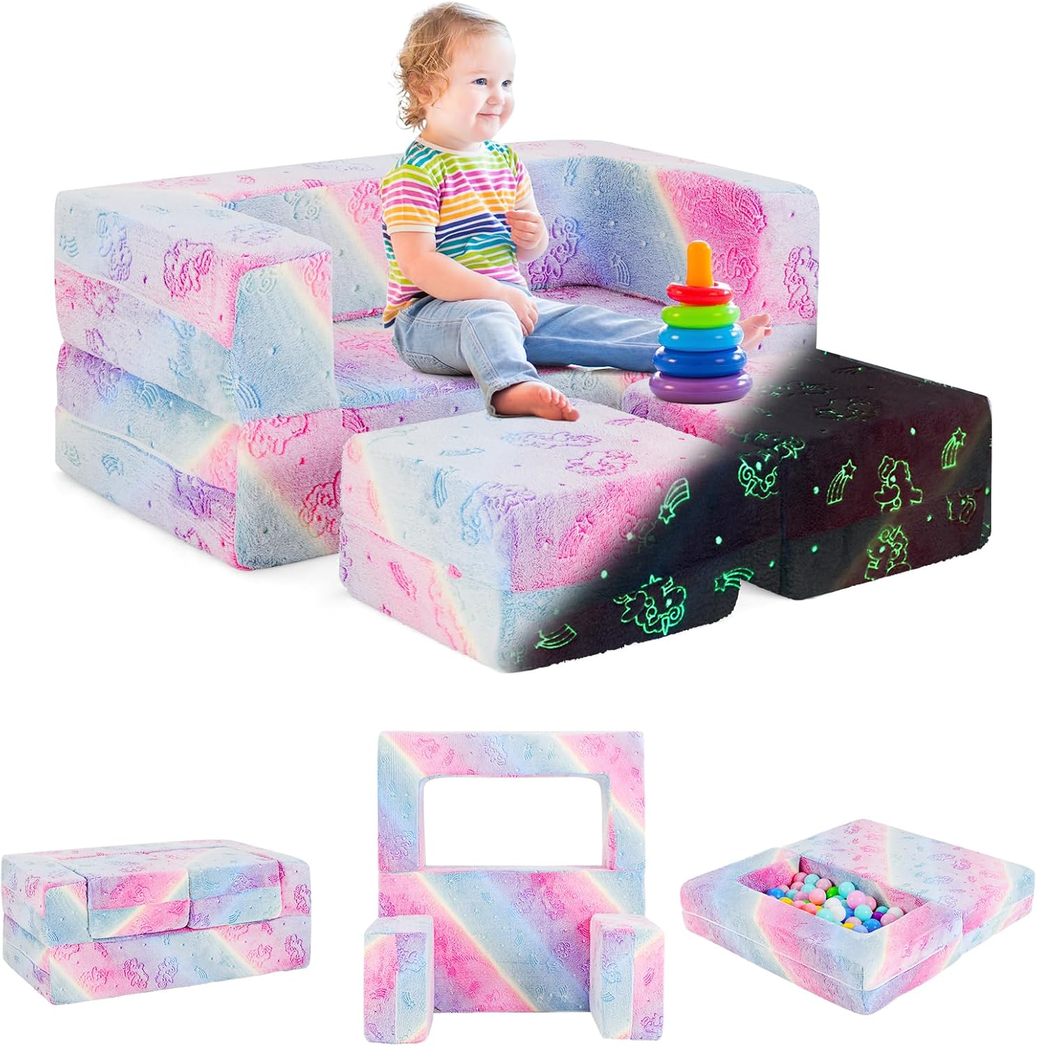 Canapé-Lit Enfant 2 En 1 Brillant Dans Le Noir - Motif Dinosaure Convertible Et Pliable