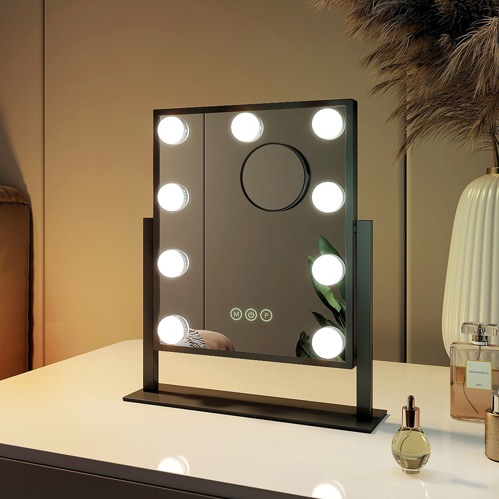 EMKE Lustro do makijażu z 9 LED, 3 kolory światła, powiększenie 7x, obracane o 360°, czarne, 36x30,5x8,5 cm