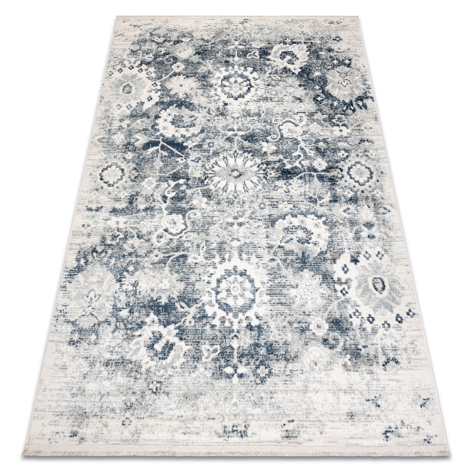 Dywan DISTIN 0822A granatowy / niebieski / biały nowoczesny - Rozeta, vintage, frędzle 120x170 cm
