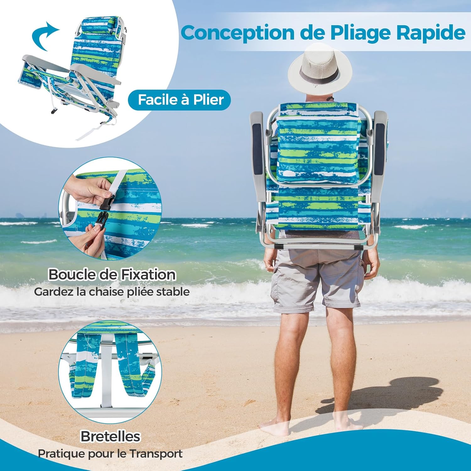 Chaise Plage Pliant pour Adulte, Camping Légère Portable en Alu., Dossier Réglable 5 Positions,Sac Rangement, Porte-Serviettes,à Plat,Charge 150KG - 6