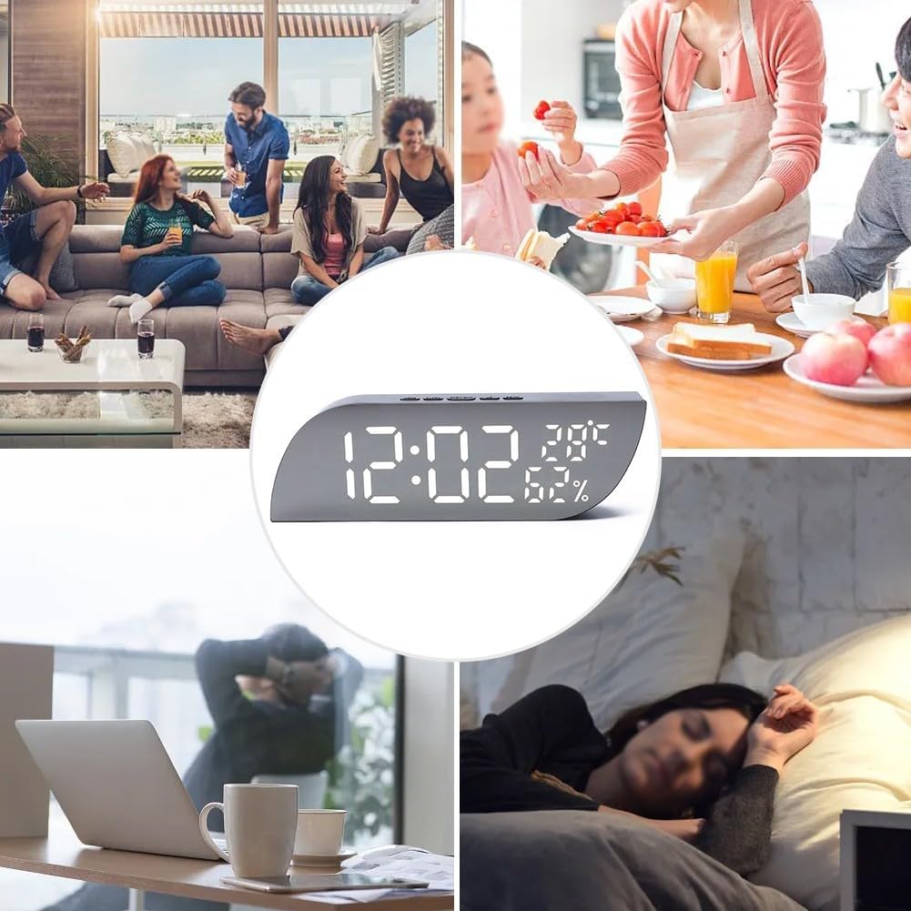 Réveil électronique de bureau, température et humidité silencieux, affichage miroir, luminosité réglable - 5
