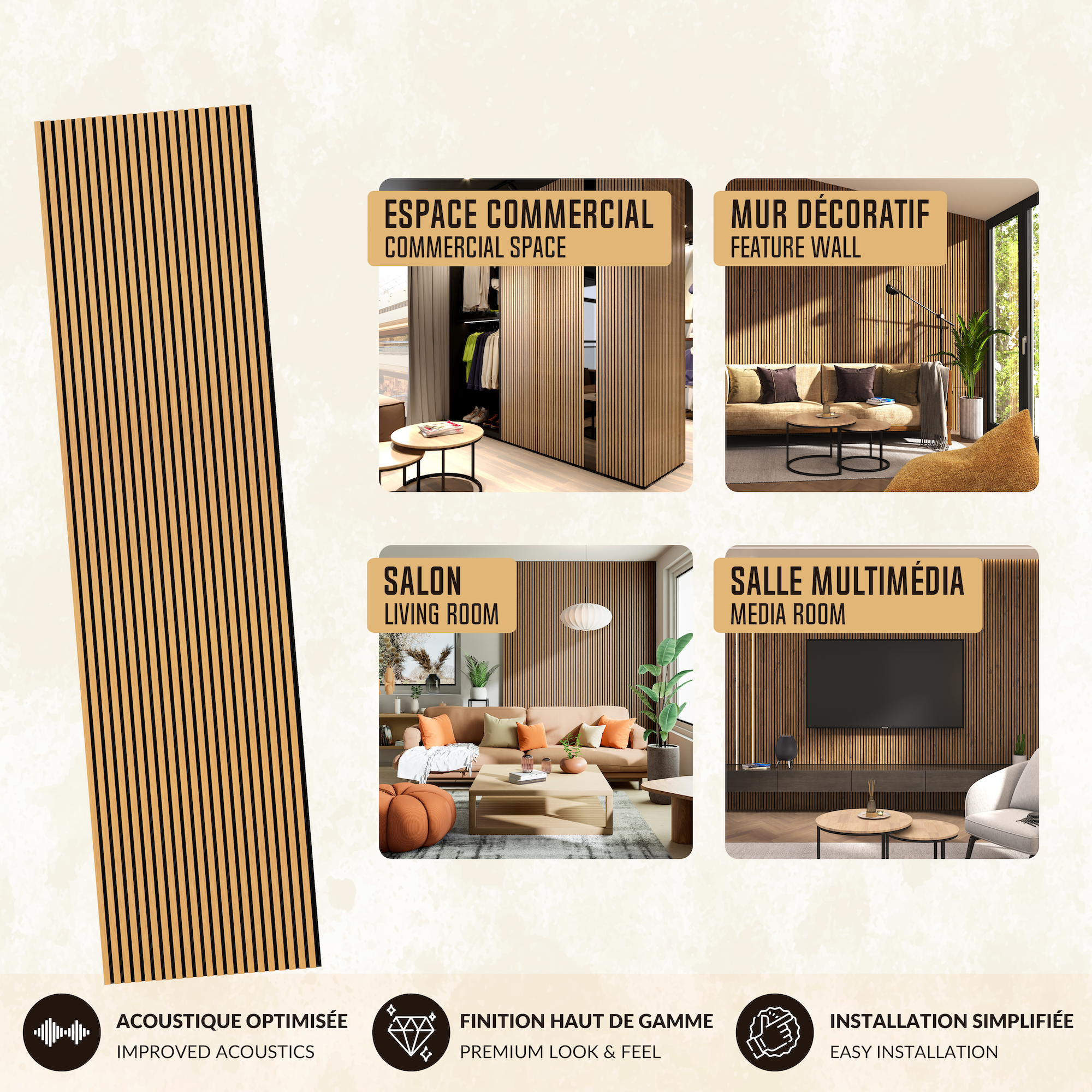 Panneau Tasseau Acoustique en Bois - Bois de Bouleau Massif - 2400x600mm - Lattes 18mm, Support en Feutre Noir - 3