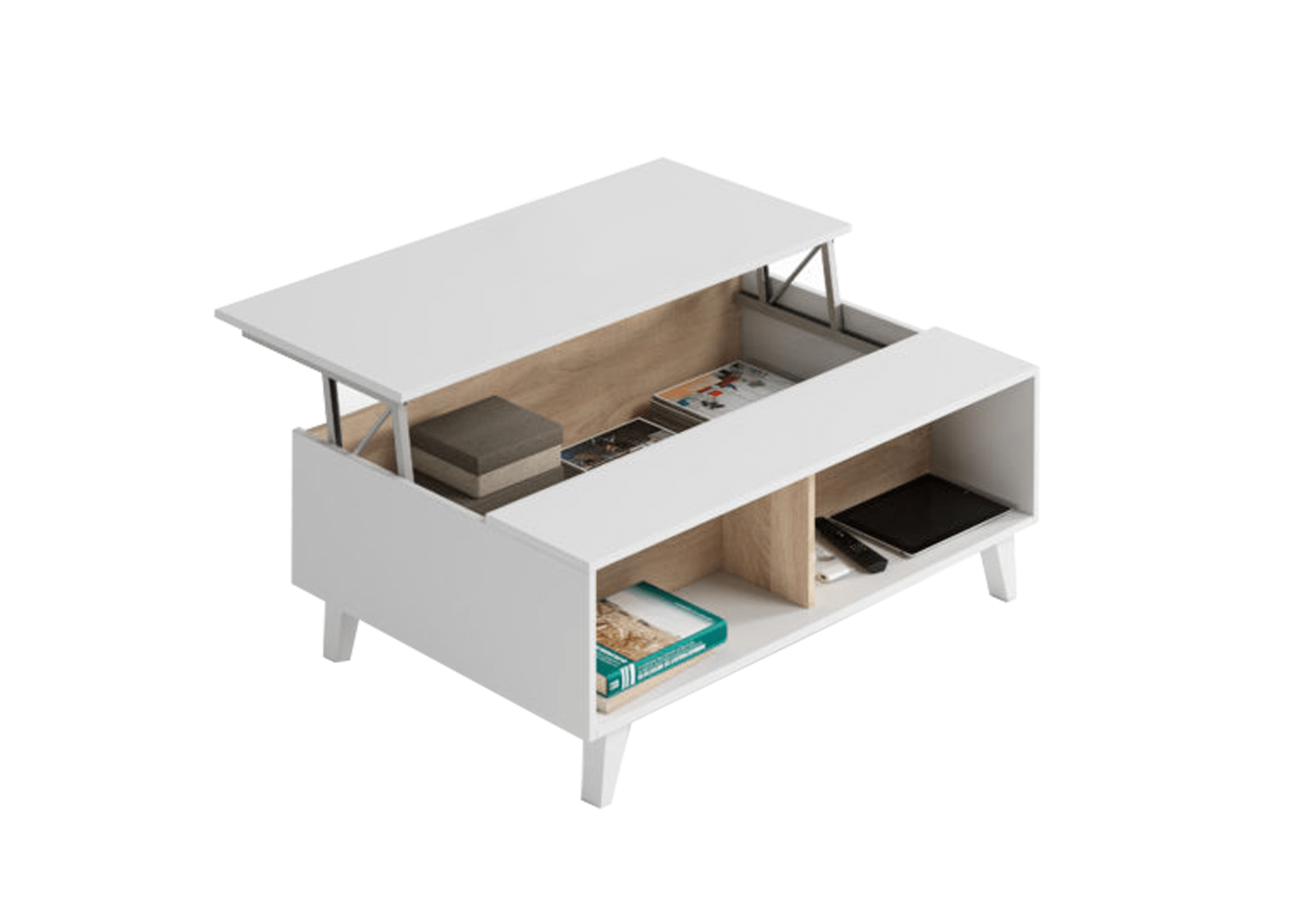 ZAIKEN PLUS Table basse scandinave blanc brillant et decor chene - L 100 cm - 8