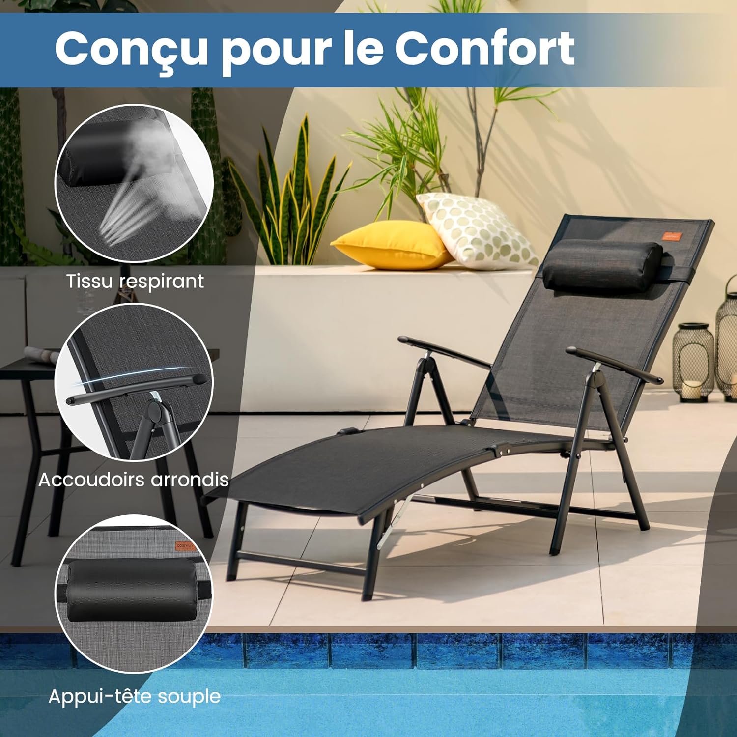 Chaise Longue Pliante avec Dossier Réglable à 7 Niveaux avec Accoudoir et Repose-tête-Transat Jardin Charge 150 KG Noir - 4