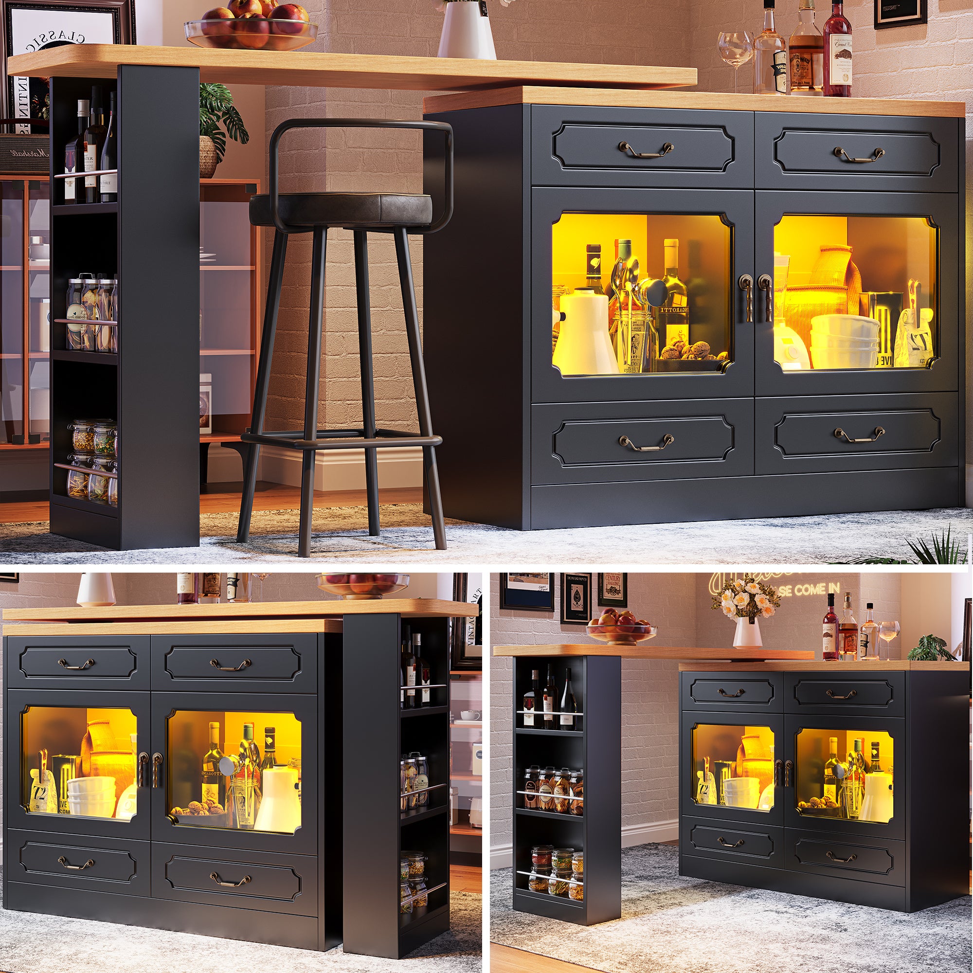 Szafka barowa obrotowa z 4 szufladami, 2 drzwiami i przegródkami - 137-203 x 39 x 92,8 cm - Diody LED - MDF - Czarny + naturalny