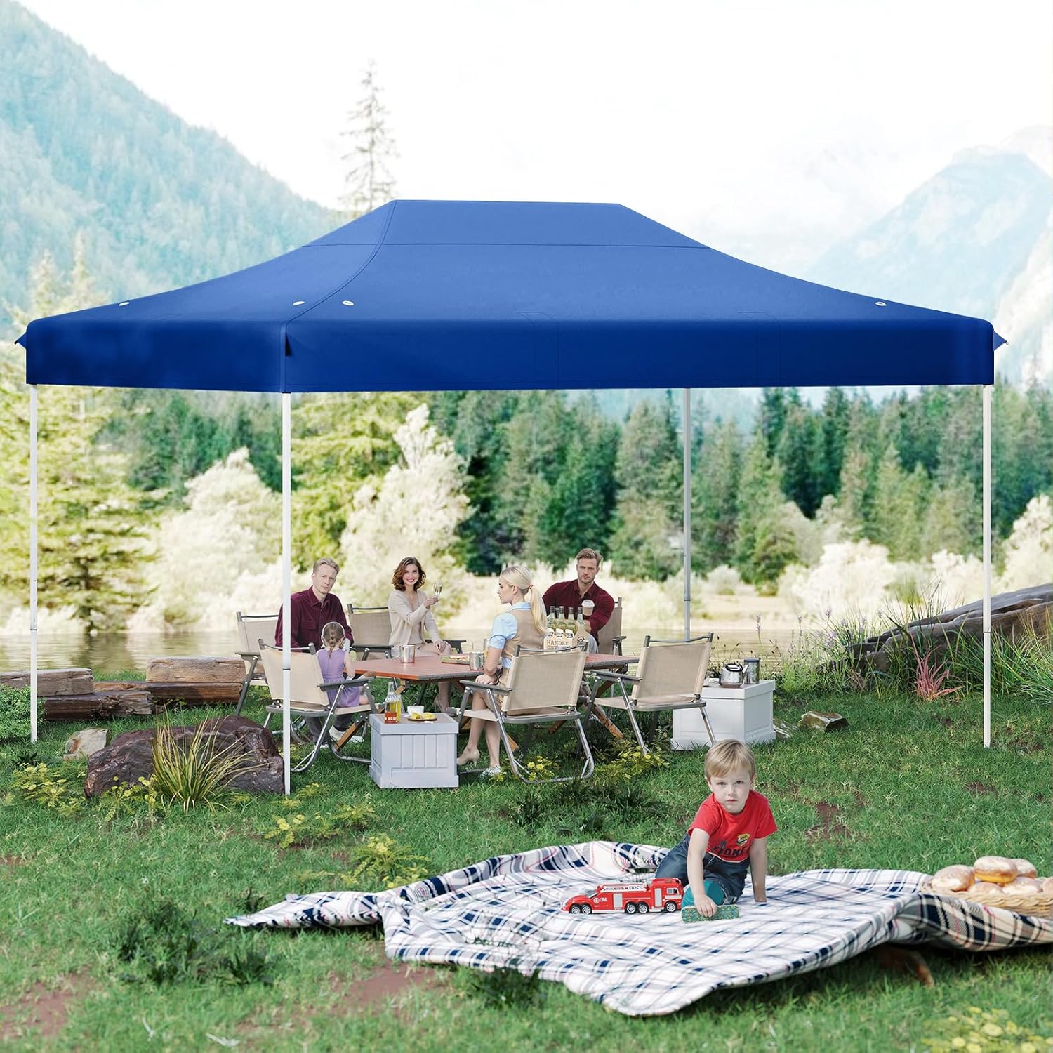 Tonnelle de Jardin Exterieur 445X300CM, Tonnelle Pliante pour 10-12 Personnes, Imperméable, Réglable 313/323/333CM, Abri Solaire(3x4,45 M-Bleu) - 4