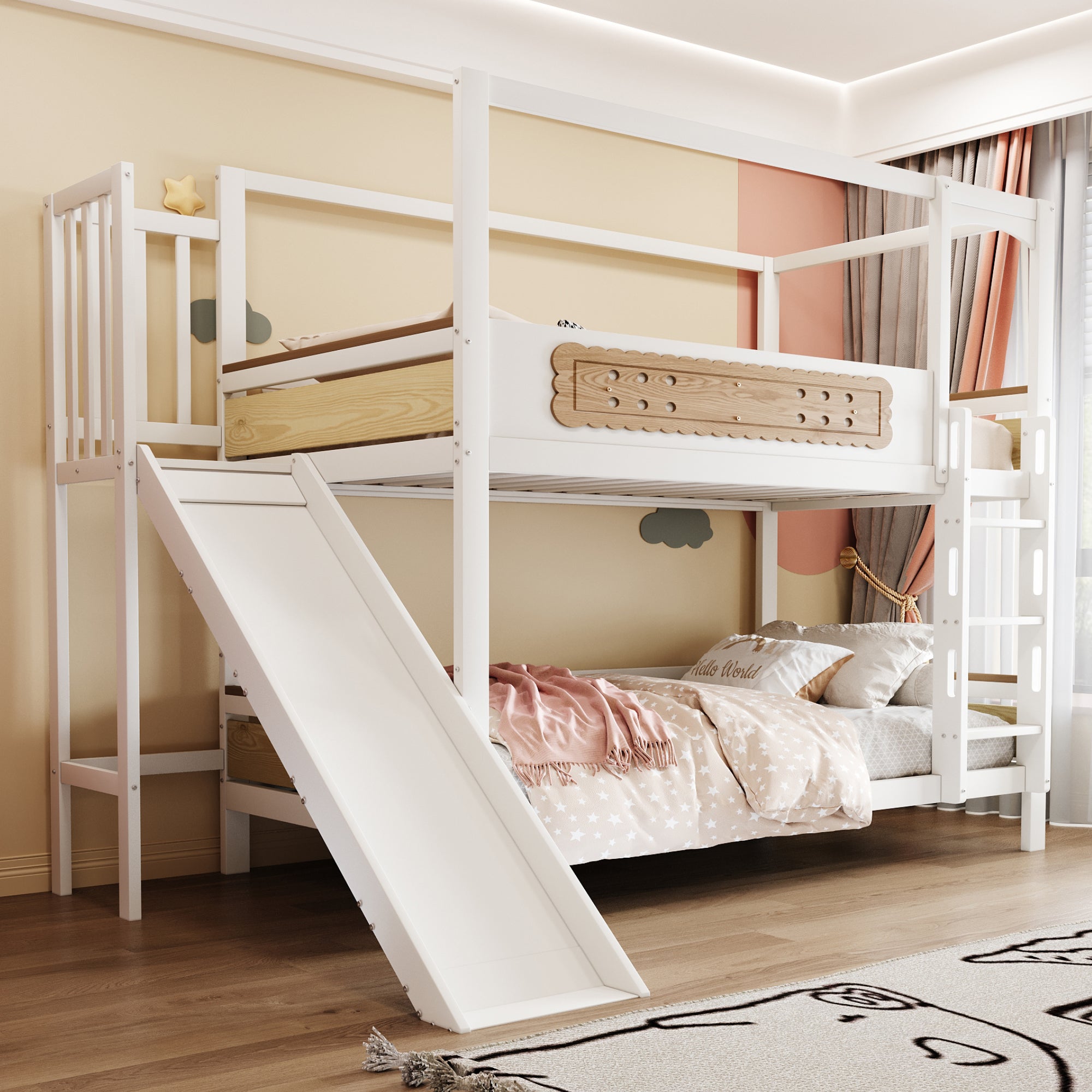 Łóżka piętrowe 2 x 90 x 200 cm z barierkami i zjeżdżalnią - Sosna + sklejka + MDF - Białe (Materace nie są wliczone w cenę) - 3