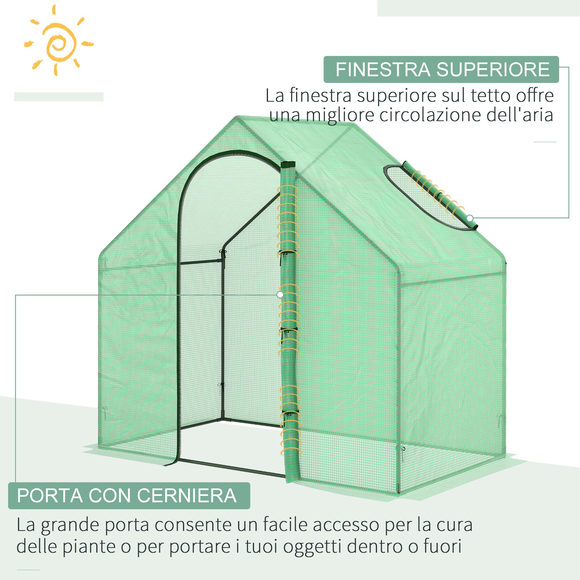 Serre portable 180 x 99 x 168 cm avec porte zippée et fenêtre sur le dessus, idéale pour l'extérieur (jardin, terrasse), couverture en PE, verte. - 4