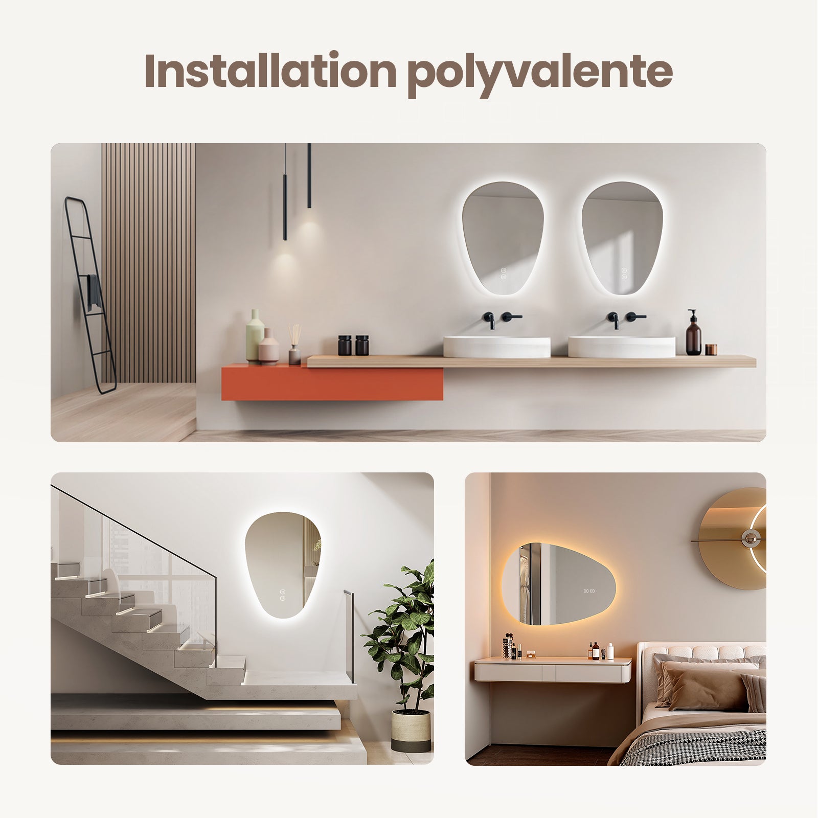 EMKE Miroir de salle de bain avec éclairage LED - Miroir asymétrique - Antibuée, 3 Couleurs, Intensité Réglable - 60 x 45 cm - 6