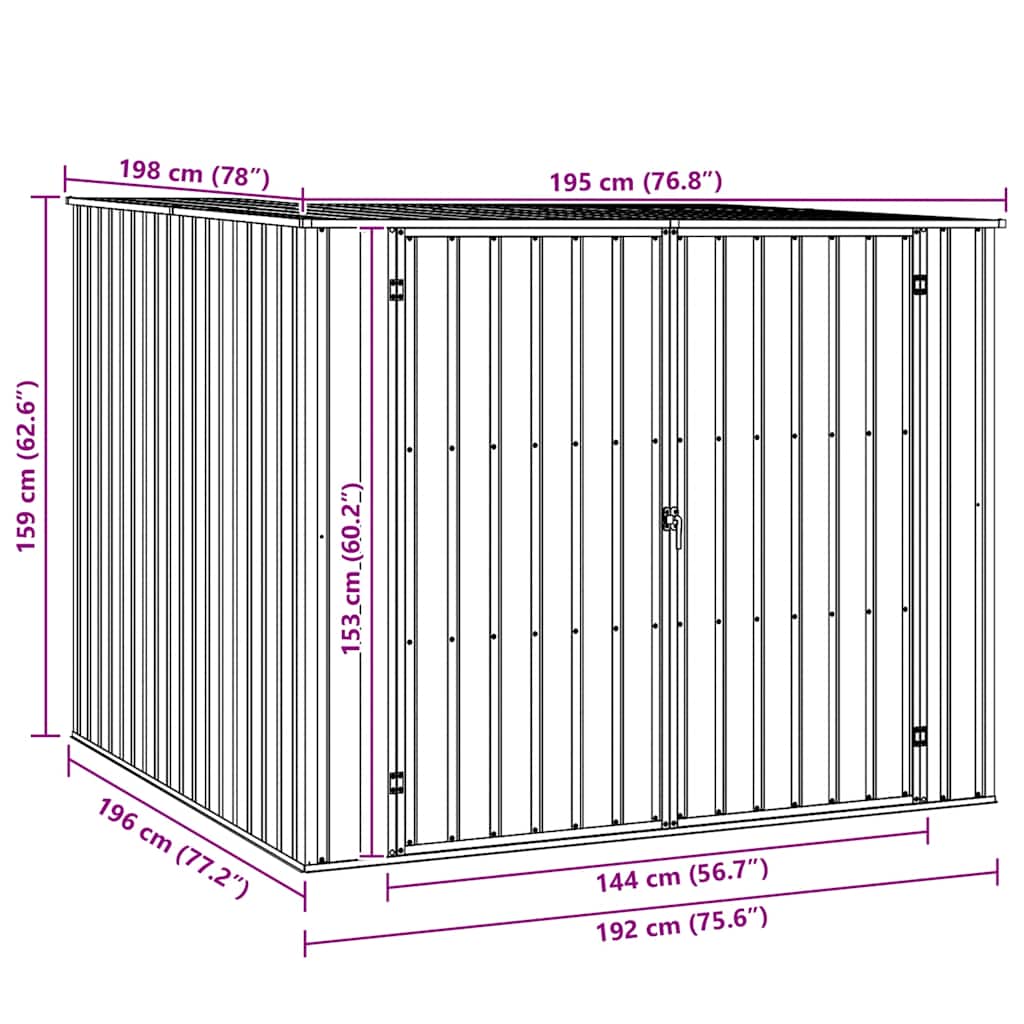 Abris de Jardin acier galvanisé 195x198x159 cm grand rangement outils jardin mobilier, portes doubles toit incliné pour terrasse extérieur - 7
