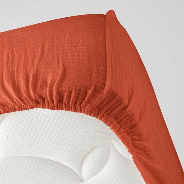 Drap housse 2 personnes 160x200 cm dble gaze coton 57 fils Angelia Orange - 3